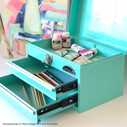 Miniatura 3 de Apollo Tools DT5010-GR - Caja de herramientas de acero de 14 pulgadas con compartimento superior profundo y 2 cajones de acero resistente con