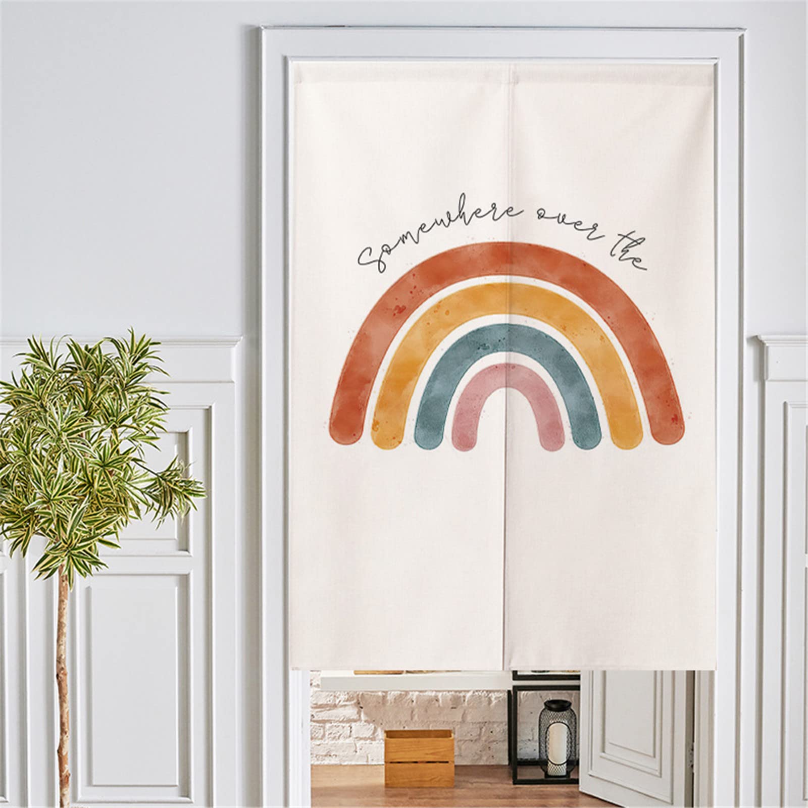 Surwin Japanese Noren Doorway Curtain Cotton Linen Artistic Style Door Curtain Window Treatment Tapestry for Kitchen Bistro Partition Shading Home Decorative (85x90cm,Rainbow)