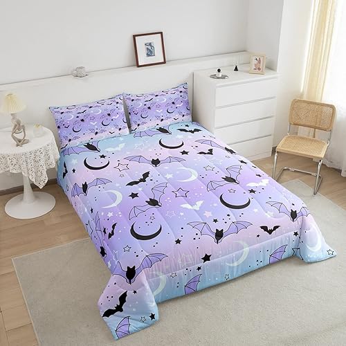 Miniatura 3 de Feelyou Juego de edredón de Halloween con diseño de arco iris para niños y niñas, juego de ropa de cama con estampado de murciélago y luna y