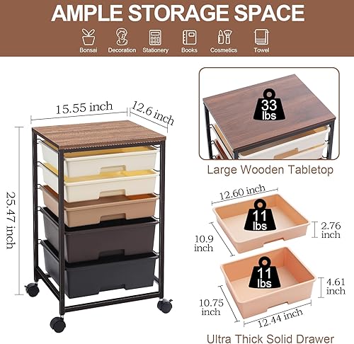 Miniatura 3 de Carrito utilitario con 5 cajones, carrito de almacenamiento con mesa de madera y ruedas con cerradura, carrito rodante de 5 cajones con gran