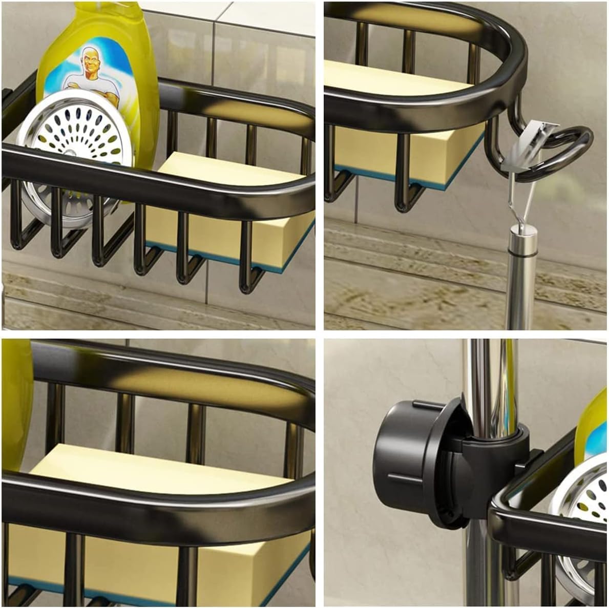 PIKFOS Kitchen Sink Faucet Sponge Holder Caddy Organizer Over, Stainless Steel Heavy Duty Thickening Hanging Drain Rack for scrubbers, Bathroom soap Holder, Kitchen Sink Accessories (Black) 4