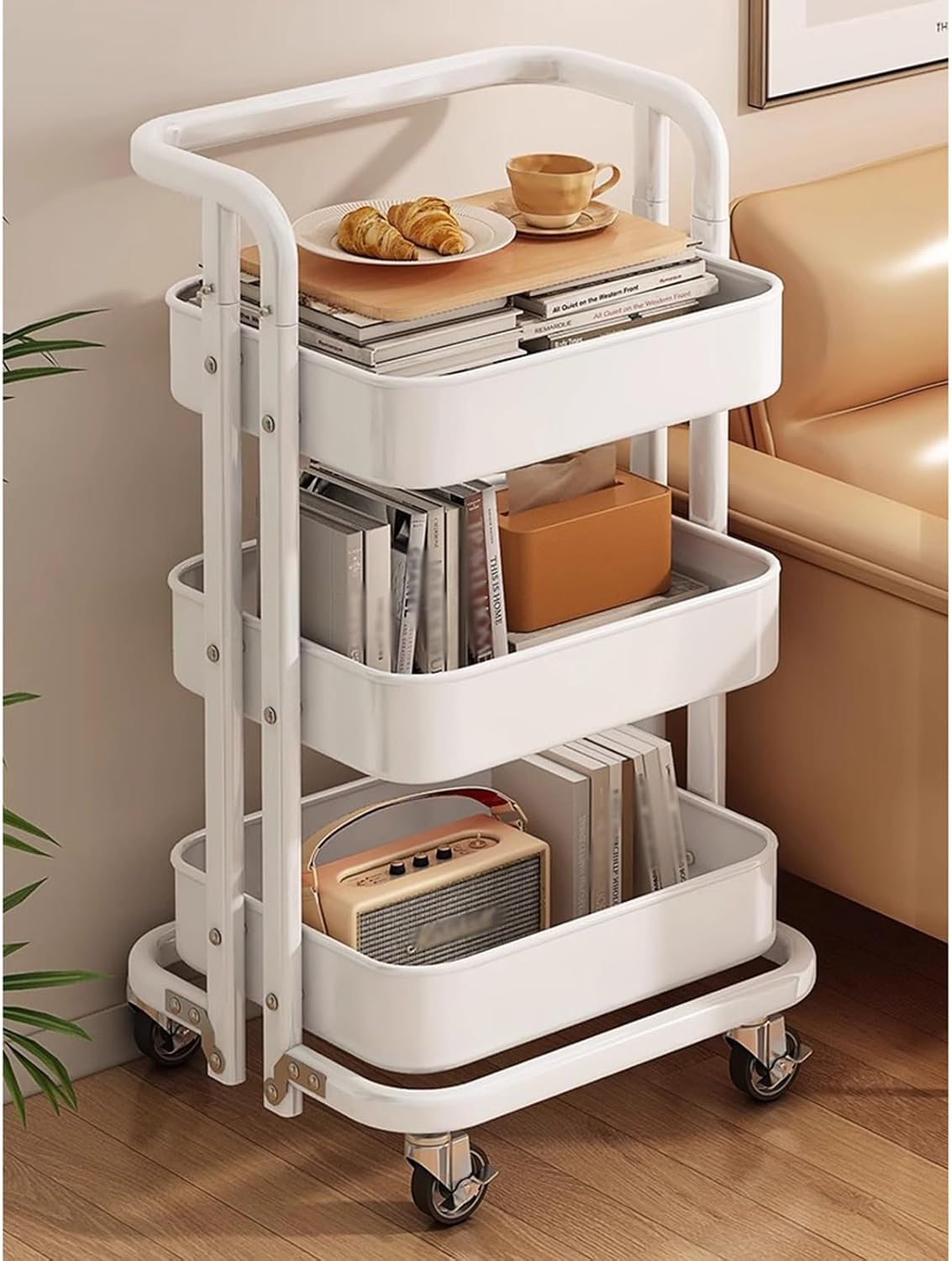 Storage Rack Cart with Wheels, 3 Tier Collapsible Trolley Rack Metal Utility Rolling Tray Shelf for Home Library Office, Fruit Vegetable Storage Basket