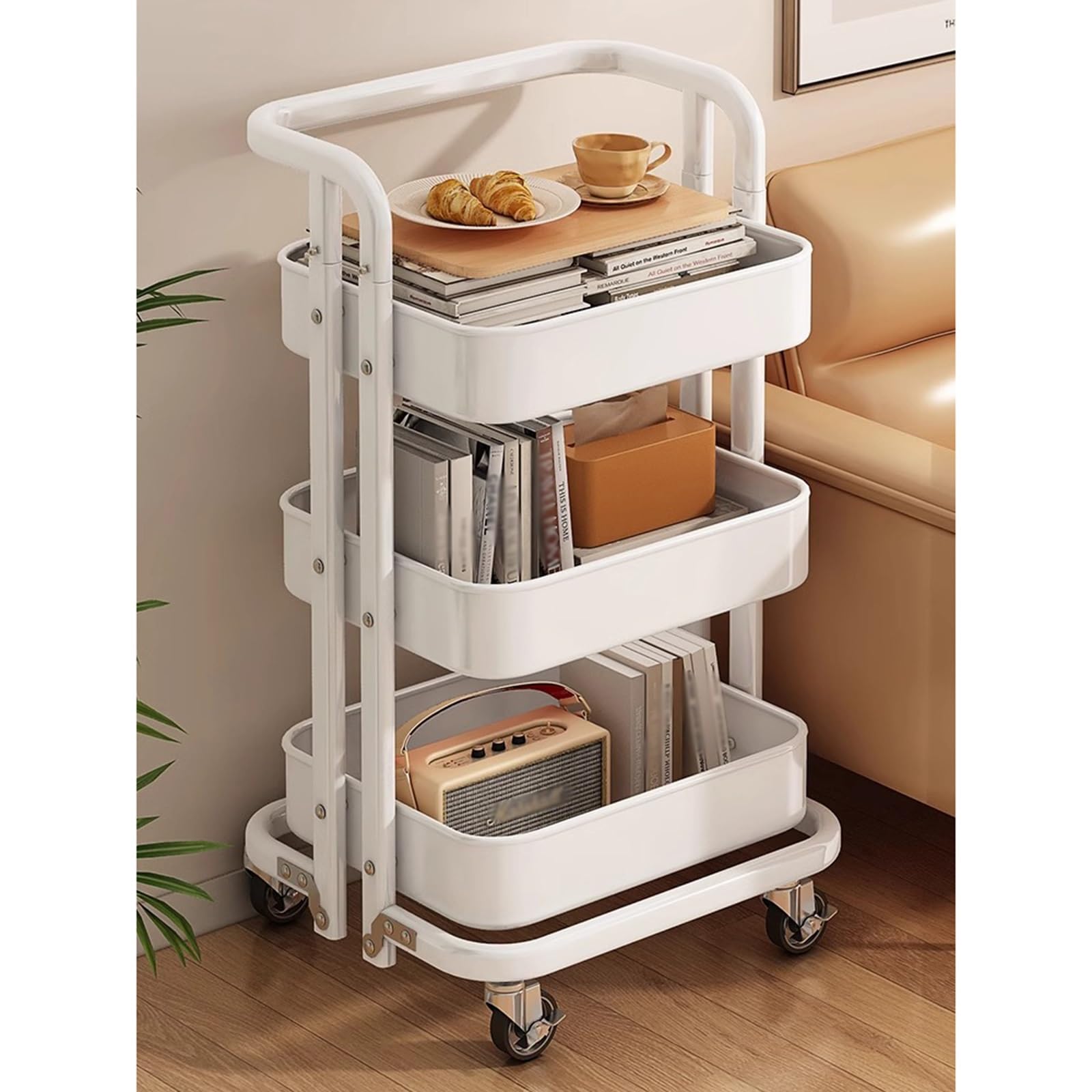 Genérico Carrito de Almacenamiento con Ruedas, Carrito Plegable de 3 Niveles, de Metal, con Bandeja rodante para el hogar, Biblioteca y Oficina, Cesta para almacenar Frutas y Verduras.