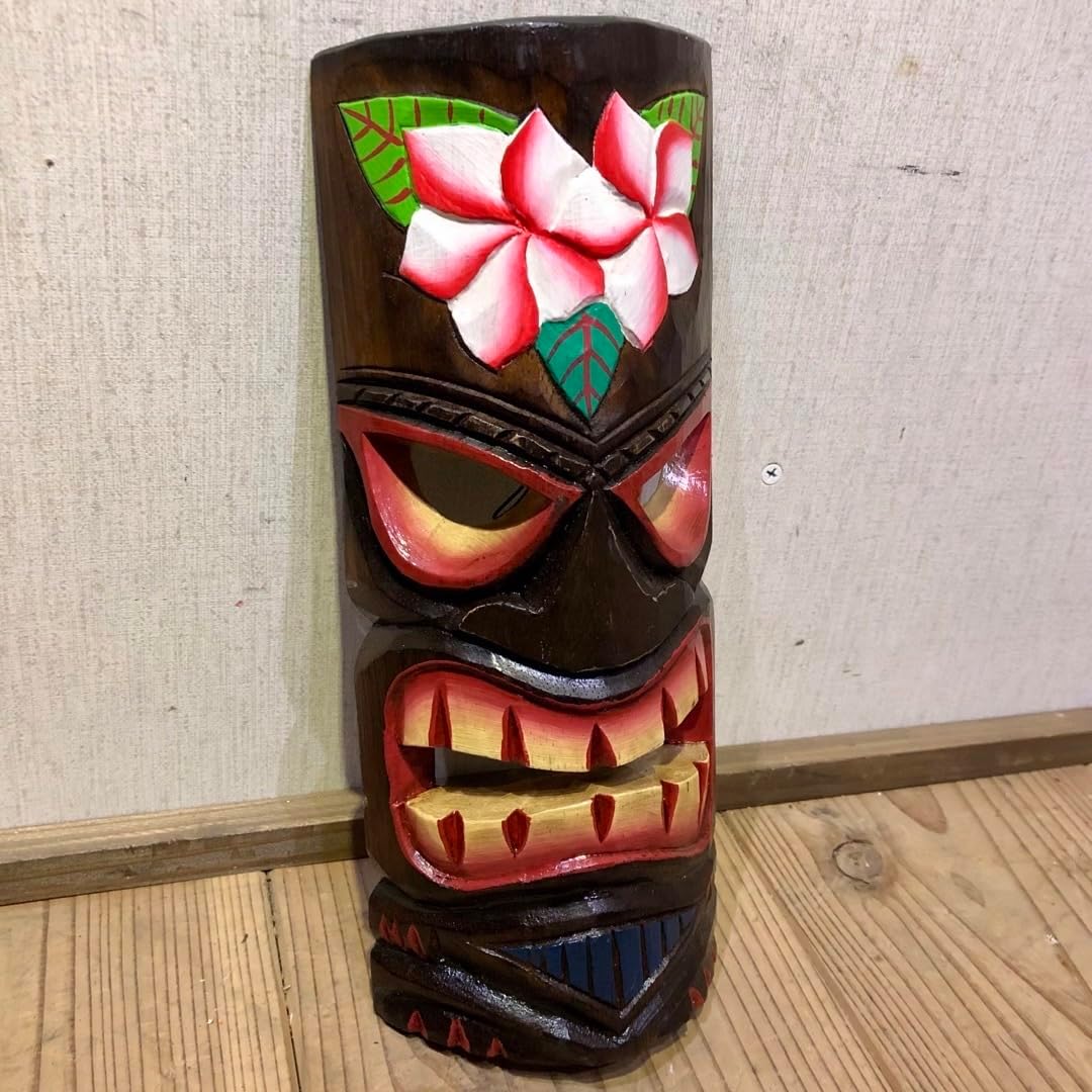 カラフルなティキ面30F ティキマスク 木彫りのお面壁掛け ハワイ