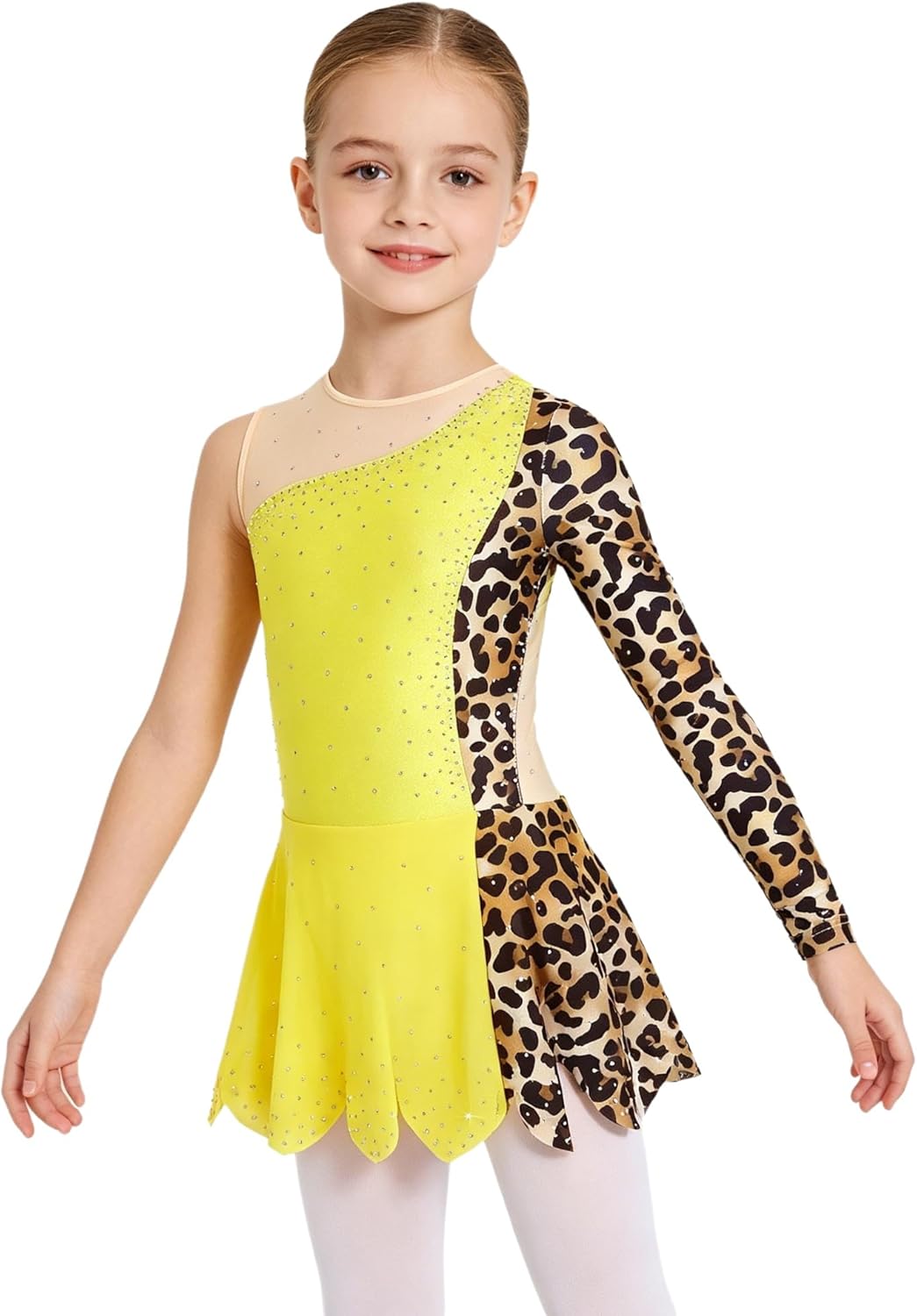 iiniim Kids Girls Dance Outfit Skirted Leotard Figure Skating Dress Sparkly Rhinestone Long Sleeve Dancewear
