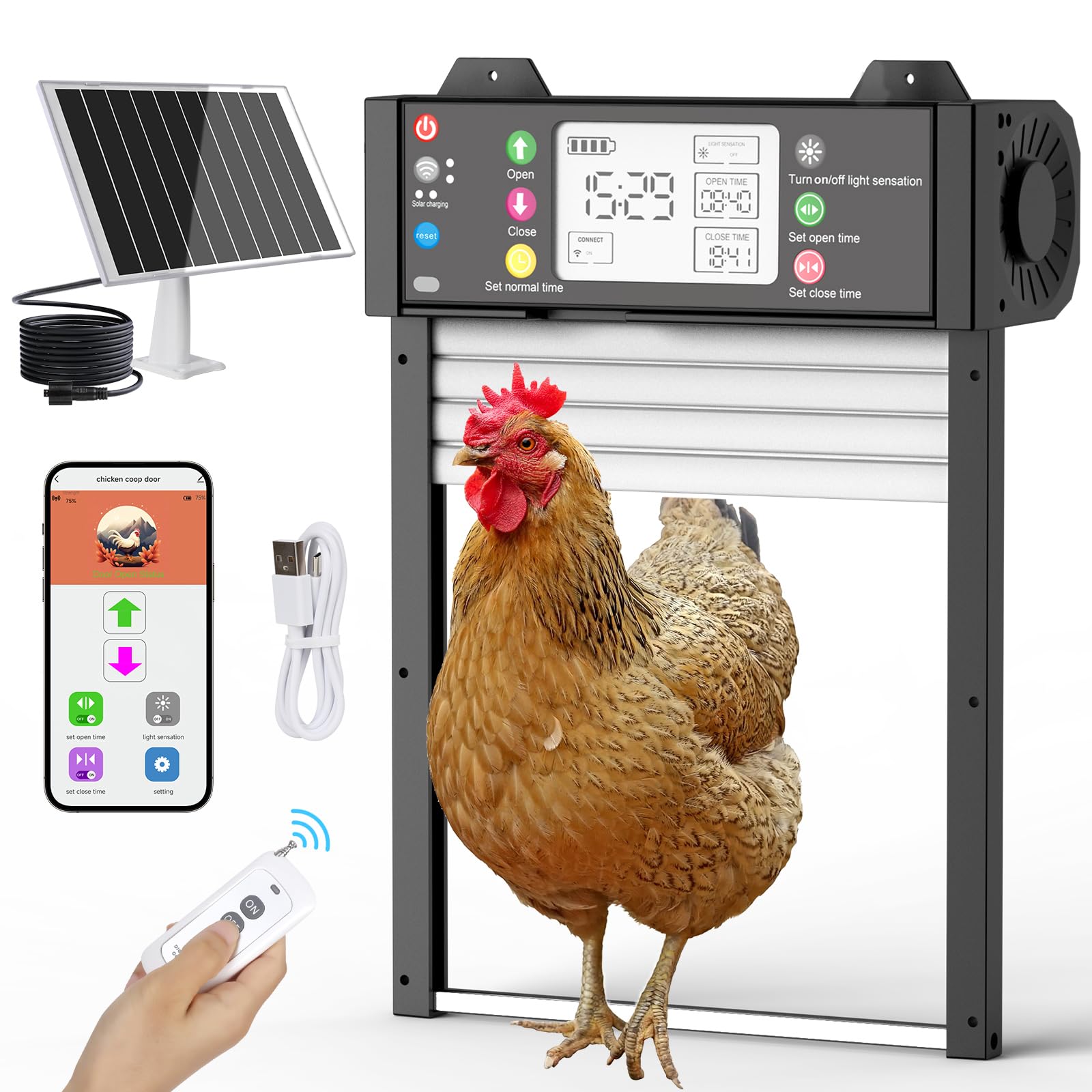 Puerta de pollo automática – Puerta eléctrica para pollos con WiFi y aplicación Tuya, estado en tiempo real, puerta automática de pollo con sensor de luz y temporizador, protección contra atascos