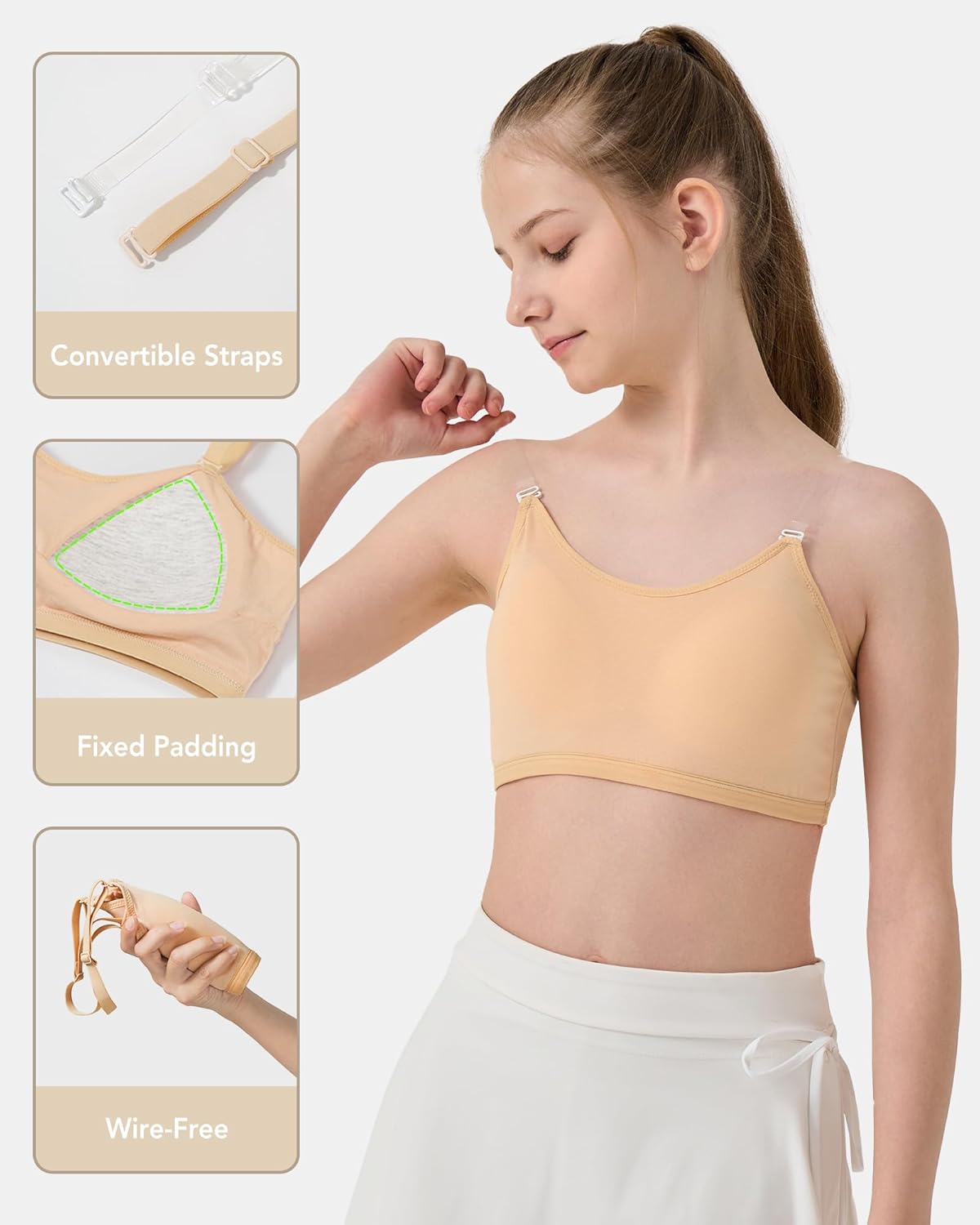 SALIA GIRL Training Bra for Girls 10-16 with Fixed Padding, Girls Bras for Teens Cami Bra with Replaceable Clear Straps - Image 2