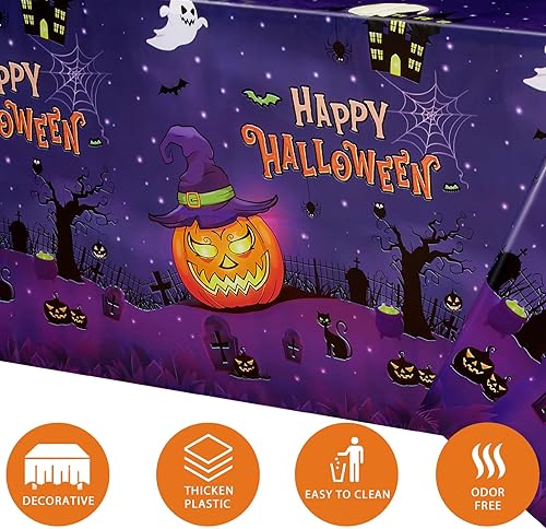 Miniatura 6 de WERNNSAI Mantel de Halloween de 2 piezas, mantel de plástico para fiestas, 108 x 54 pulgadas, mantel rectangular desechable impermeable para niños