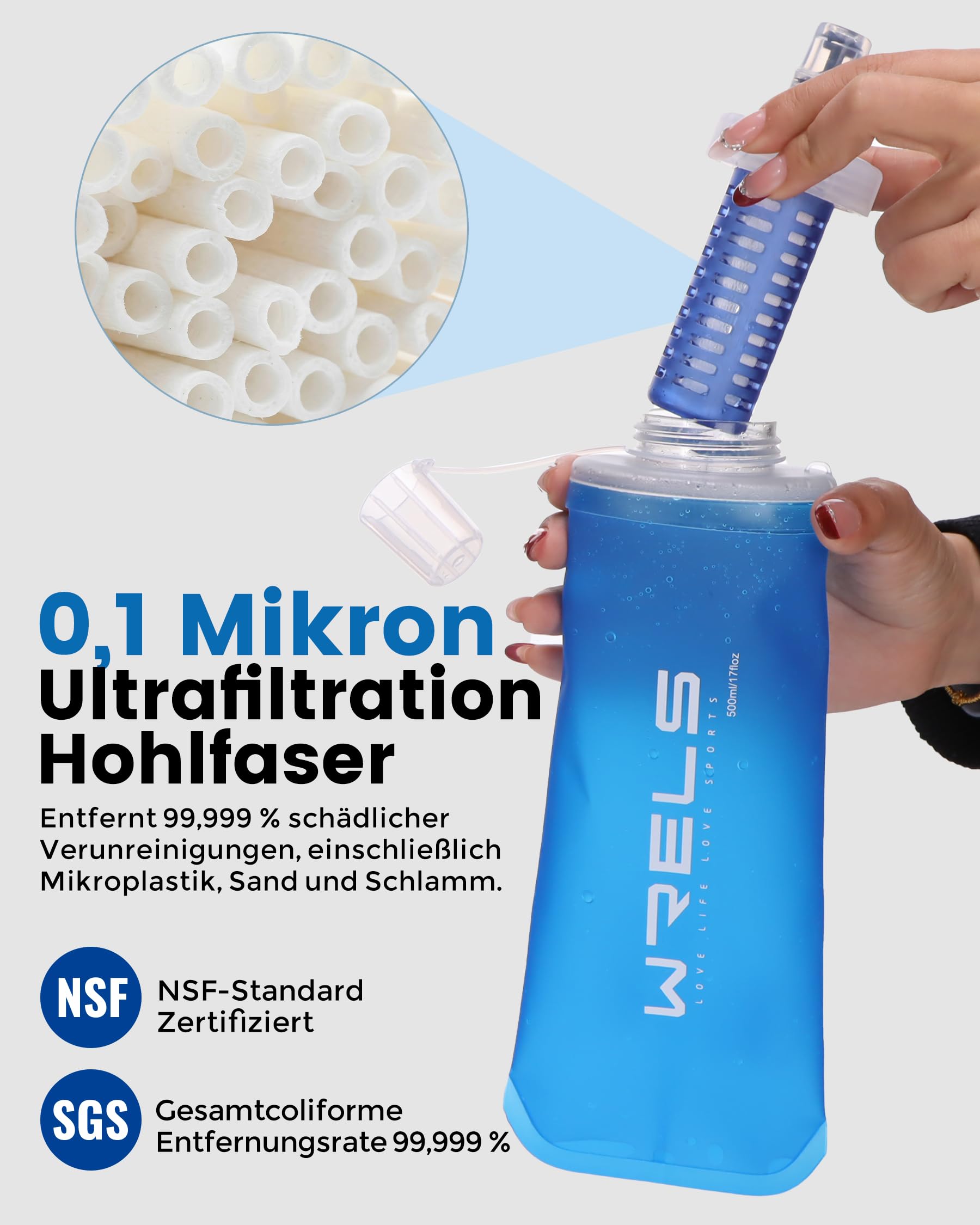 WRELS Faltbare Wasserfilterflasche – 500 ml Ultraleichte Soft Flask mit Filter,Wasserfilter Outdoor für Camping, Wandern, Backpacking und Trailrunning