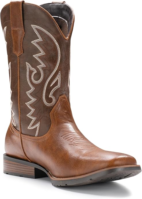 IUV Cowboy Boots for Men with Wide Square Toe – Western Retro Boot, Durable Classic Embroidered Slip-On, Slip-Resistant Boots