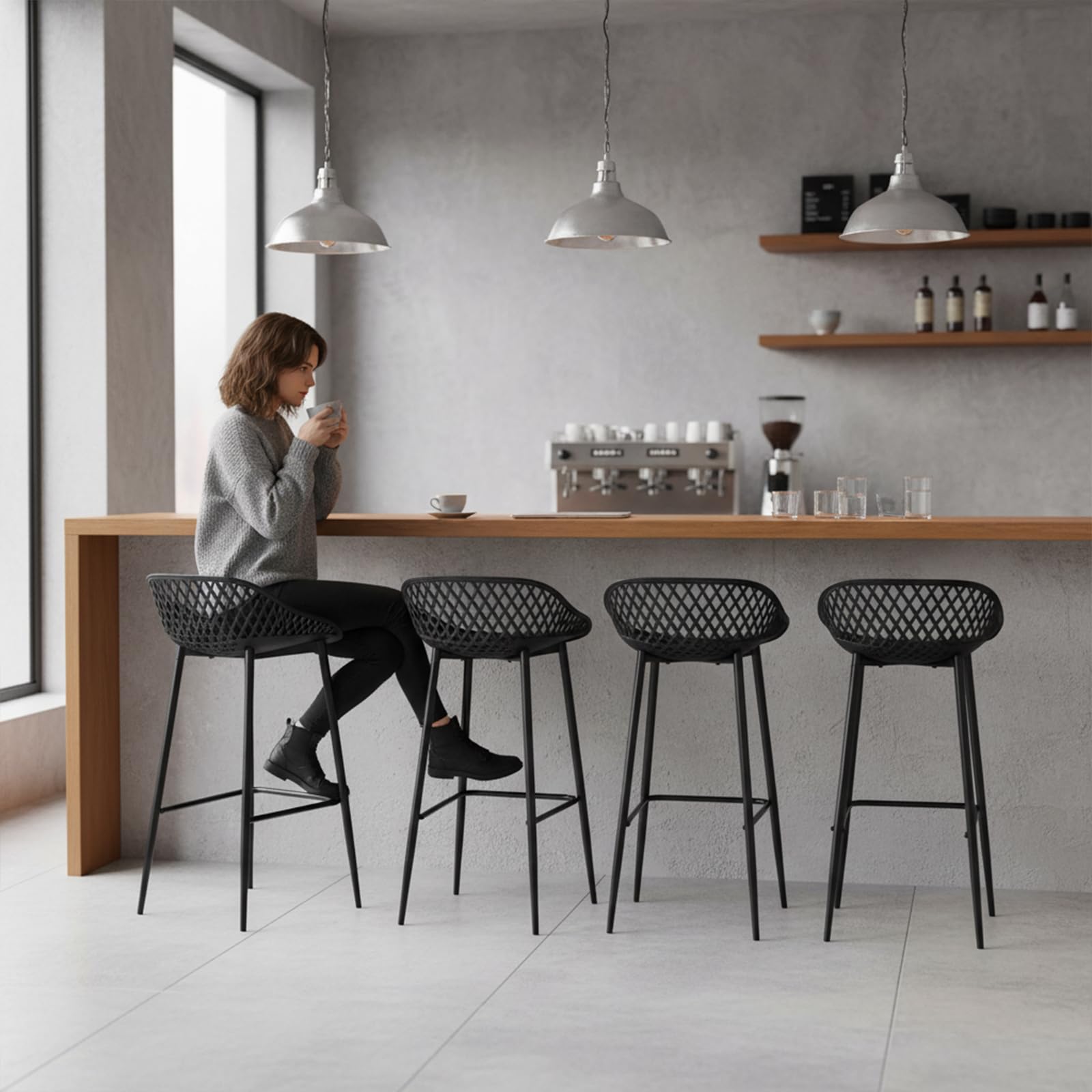 buybyroom Ensemble de 4 Tabourets de Bar avec Dossier, Ergonomiques et Réglables en Hauteur pour Cuisine, Restaurant, Comptoir - Noir (Style 1)