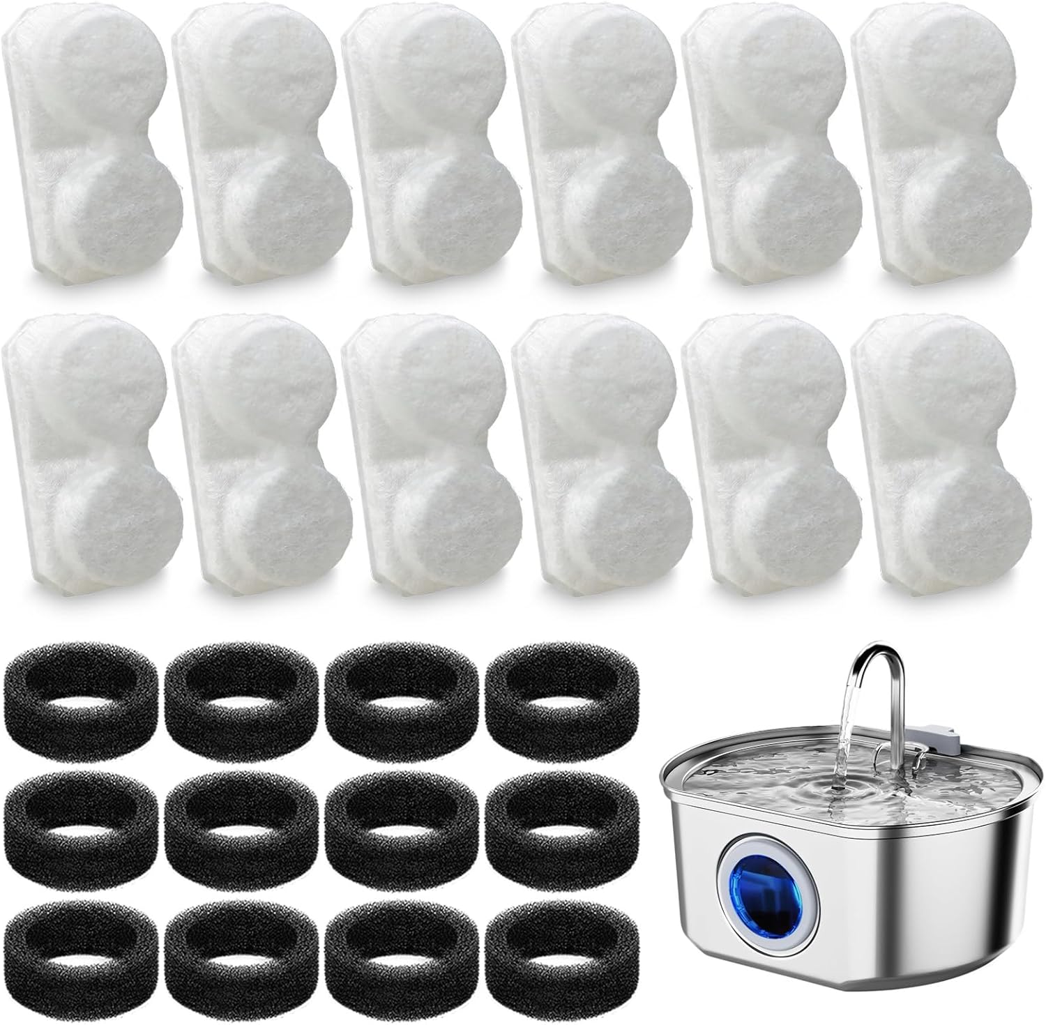 24 Pack Cat Fountain Replacement Filters Compatible with Neareal 108oz/3.2L Stainless Steel Pet Water Fountain(12 Filters & 12 Sponges)