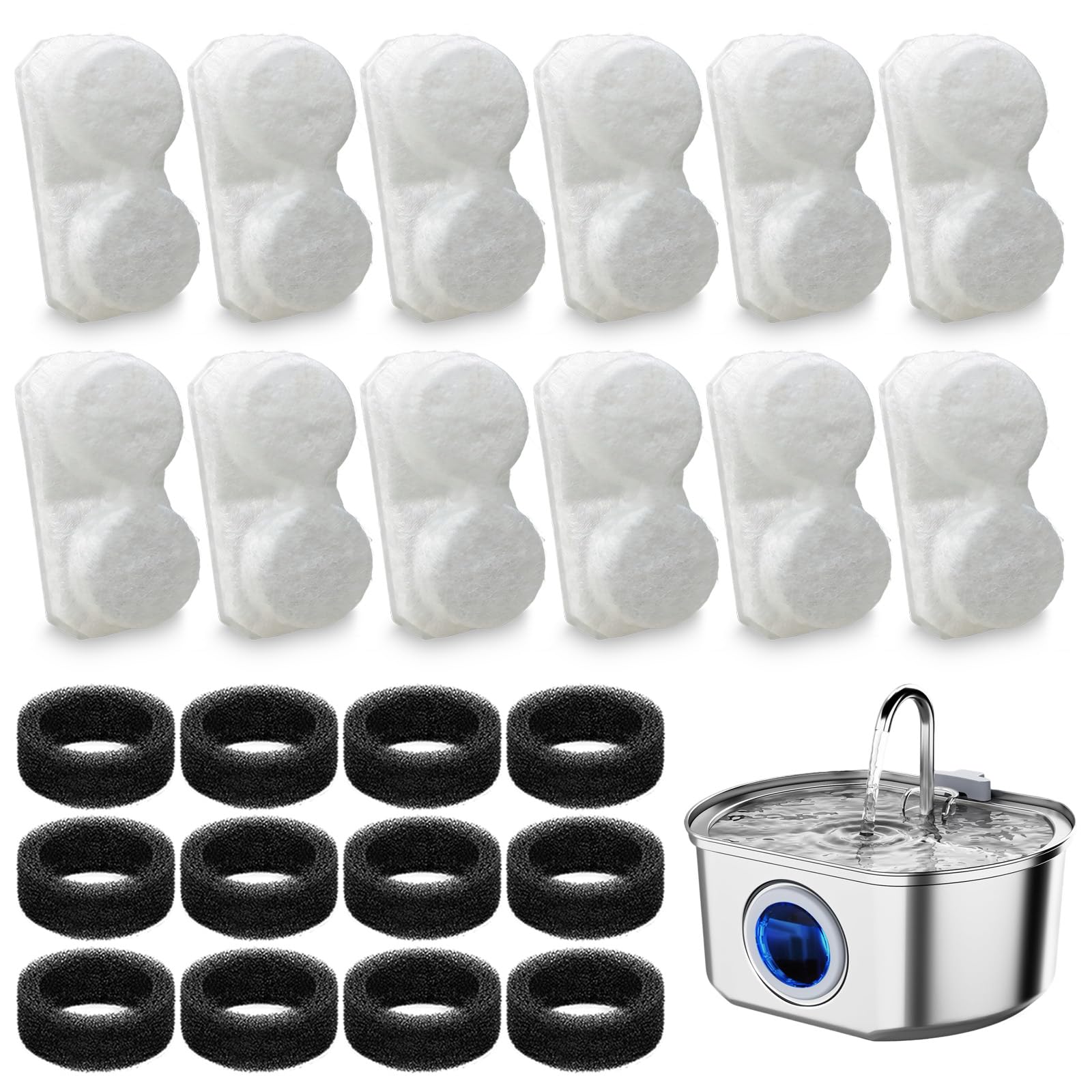 Photo 1 of 24 Pack Cat Fountain Replacement Filters Compatible with Neareal 108oz/3.2L Stainless Steel Pet Water Fountain(12 Filters & 12 Sponges)