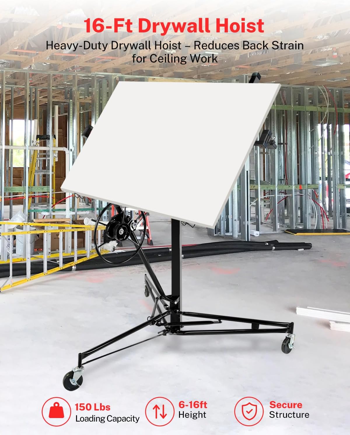 Drywall Lift 22FT Heavy Duty, 150lb Capacity Sheetrock Hoist with Telescopic Arm & Locking Wheels, Steel Panel Lifter for Ceiling Installation, One-Person Drywall Tool for Construction, Remodeling
