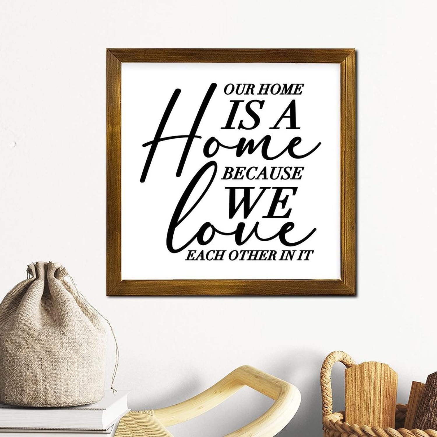 Our Home is A Home Framed Wooden Sign Quote Sayings Positive Wall Plaque Farmhouse Wood Wall Hanging Decoration for Bedroom Living Room Home Kitchen 12x12 Inch