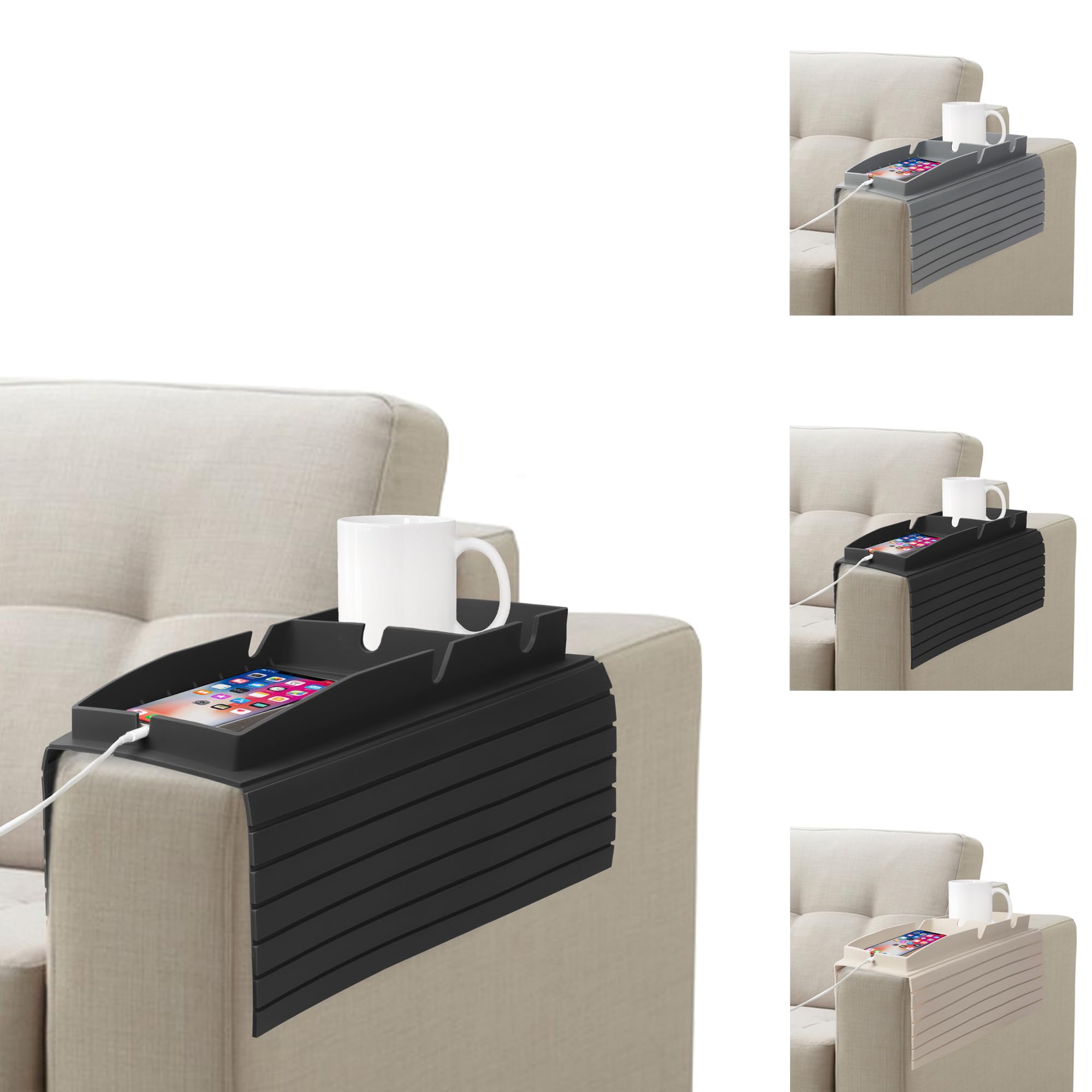 Plateau de canapé en silicone noir anti-renversement pour télécommande tasse et lunettes