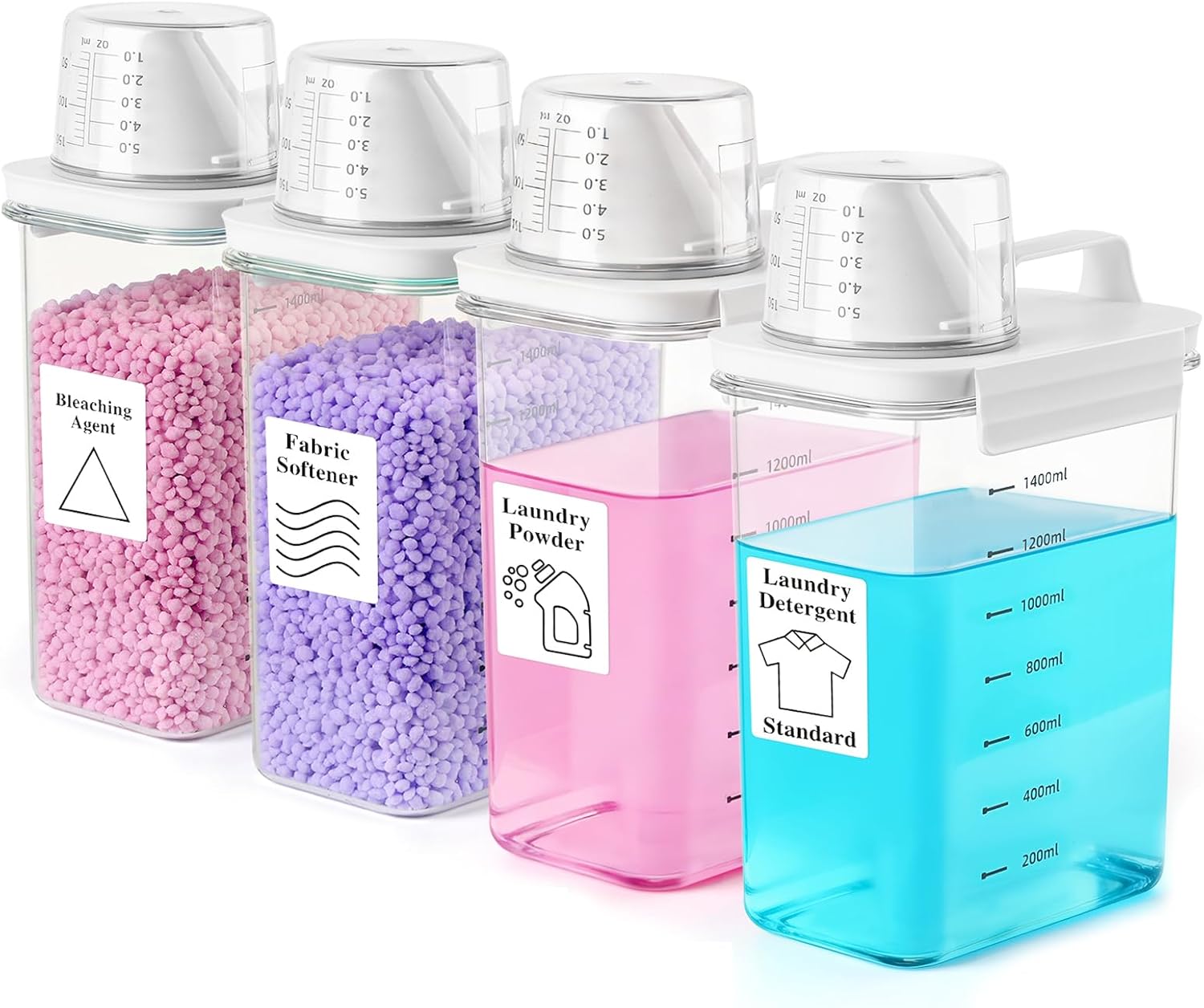 4 Pack Laundry Detergent Dispenser 61oz Plastic Liquid Detergent Dispenser with Label Powder Container & Scent Booster Beads Dispenser Fabric Softener Holder for Laundry Room Organization,Clear