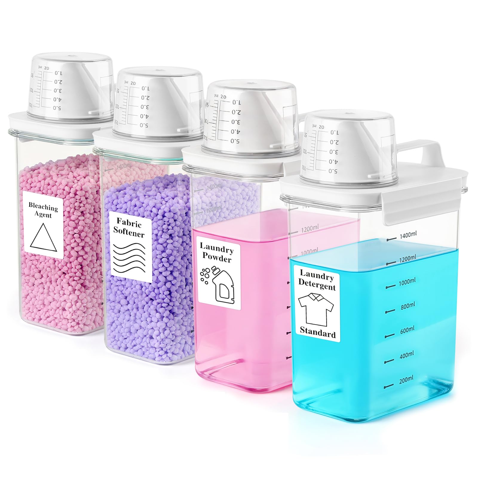 Waschmittelspender, Kunststoff, 1,7 l, Flüssigwaschmittelspender mit Etikett, Pulverbehälter und Duftverstärker, Perlen, Spender, Weichspüler-Halter für Waschküche, transparent, 4 Stück
