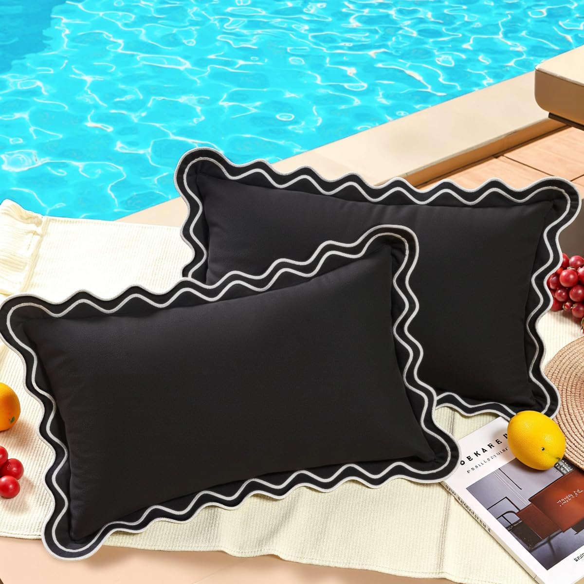 JOJOGOGO Black and White Scalloped Outdoor Lumbar Pillow Covers 12x20 Waterproof & Sunproof Set of 2, Black Outdoor Pillows Embroidered Decorative Throw Pillows for Couch Porch and Patio Furniture