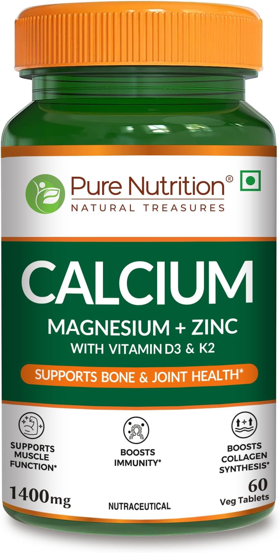 Pure Nutrition Calcium Citrate 60 Tablets with Magnesium, Zinc, Vitamin D3 & K2 (600 IU) – Supports Bone, Joint & Muscle Health, Boosts Collagen Synthesis for Men & Women