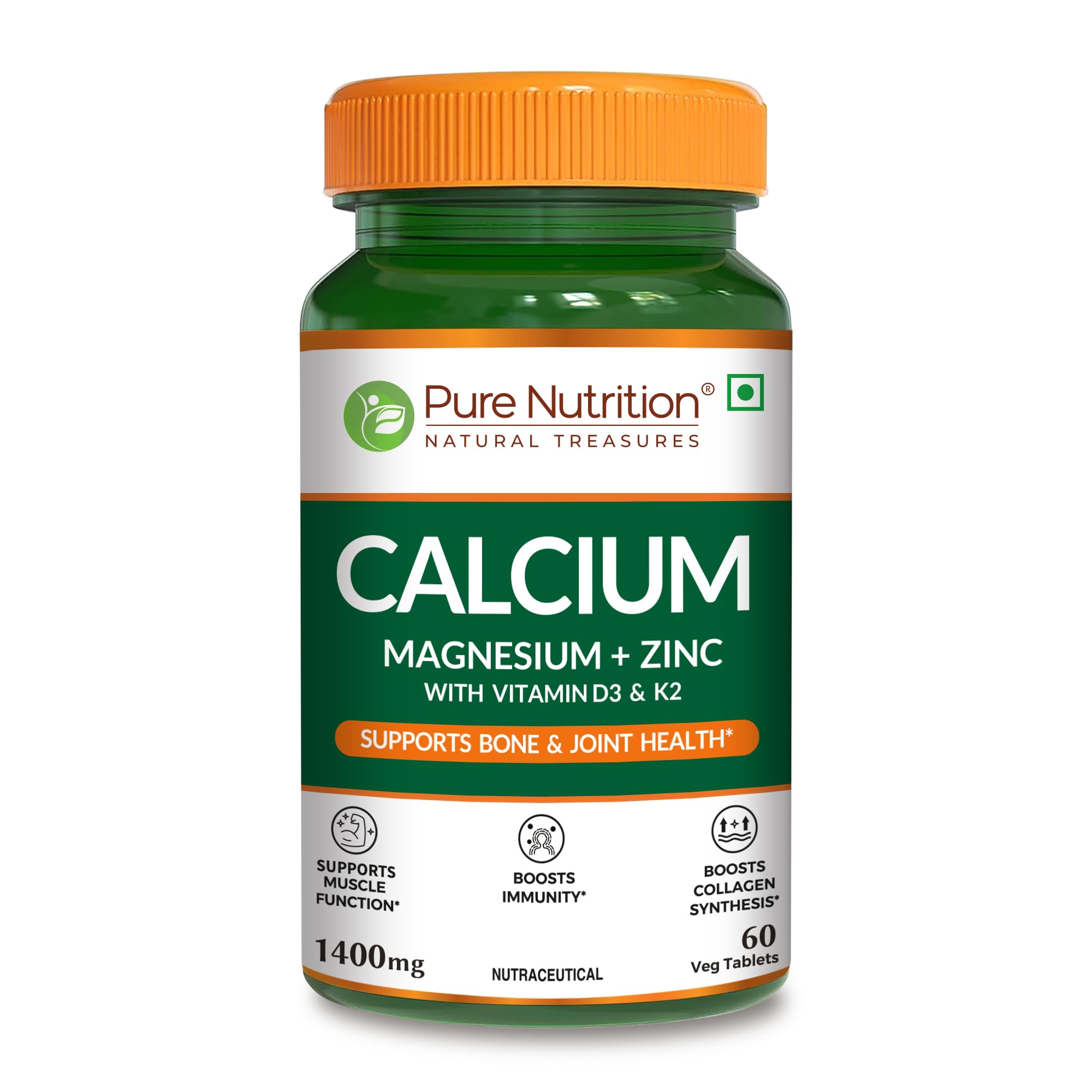Pure Nutrition Calcium Magnesium & Zinc Supplement with Vitamin D3 & K2 (600 IU) for Women & Men | Supports Bone & Joint Health | Aids Muscle Health, Boosts Collagen Synthesis | 1400mg - 60 Tablets