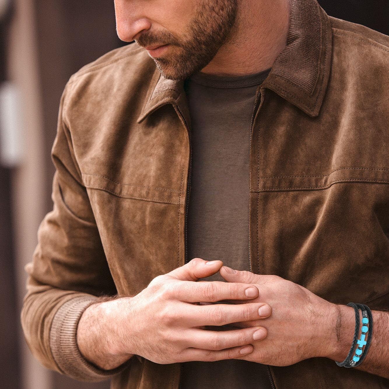 Mens Leather Cross Bracelet Natural Tiger Eye/Turquoise/Black Onyx Stone Beads Multi-Layer Braided Religious Cuff Bracelets for Men Stainless Steel with Buckle Size(8.26"/9.05")