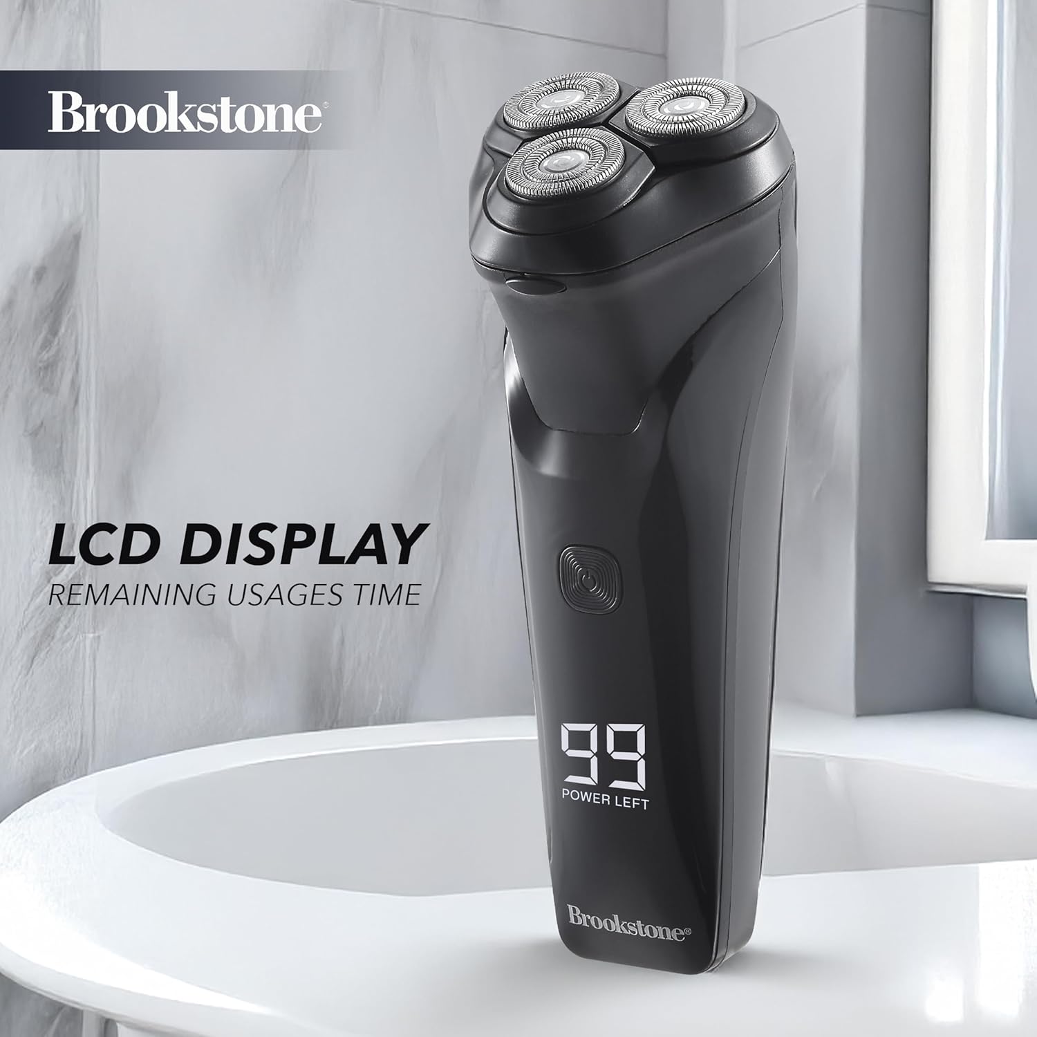 Brookstone - 3-Head Flex Rotary Shaver, Precise Shaving with Pivoting Heads & Rechargeable Battery for a Smooth Finish (Black)