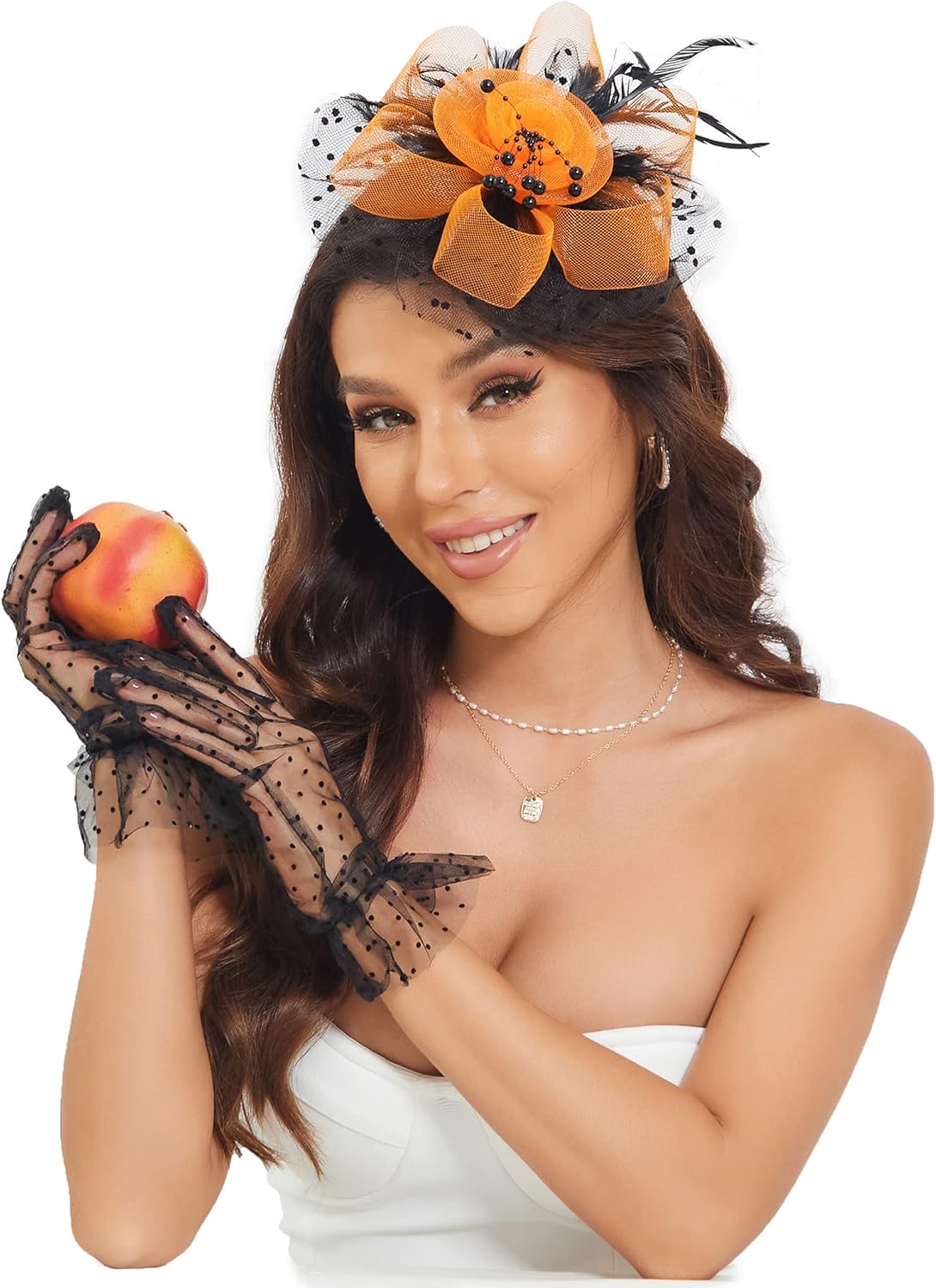 Fascinators Hat Clip Hat Wedding Cocktail Tea Party Headwear and Short Lace Bowknot Gloves for Women