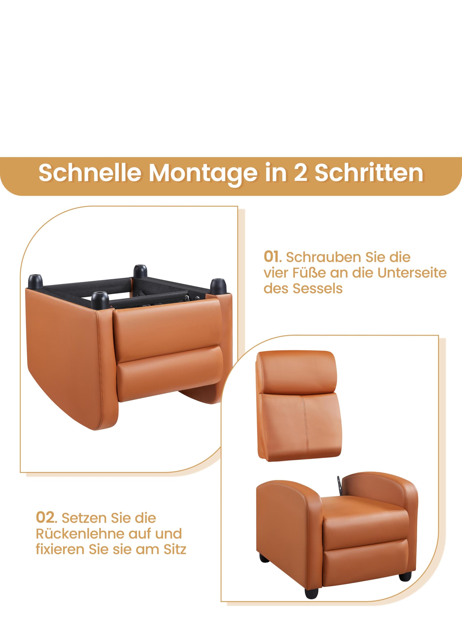Yaheetech Poltrona relax, poltrona cinema, poltrona recliner, poltrona relax singola, sgabello, divano, poggiapiedi, in ecopelle, marrone chiaro