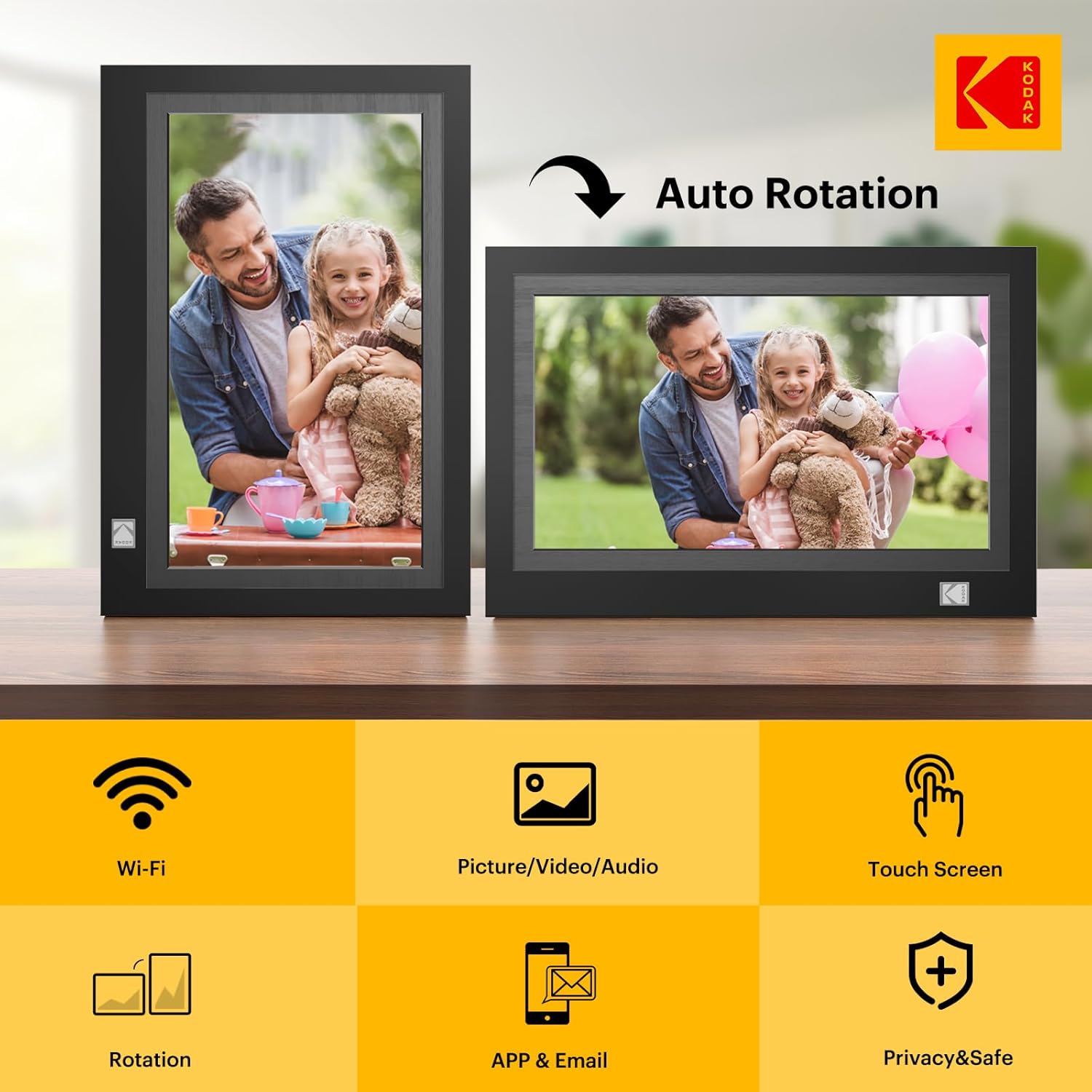 The digital picture frame demonstrating auto-rotation, showing the same image displayed correctly in both portrait and landscape orientations.