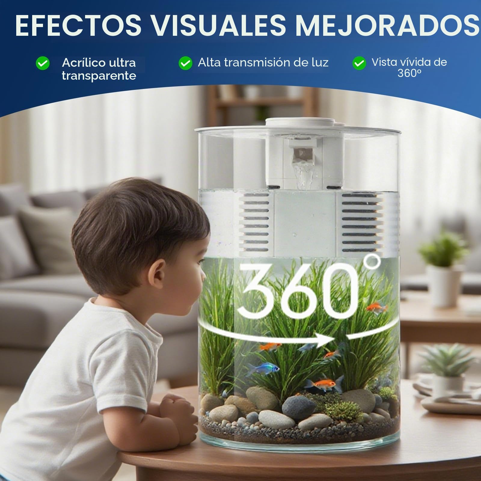 Acuario con filtro e iluminación LED, multicolor, 11 l/3 galones completo frasco de peces, pequeño acuario de 360 °, para peces pequeños y peces Betta, oficina y regalos