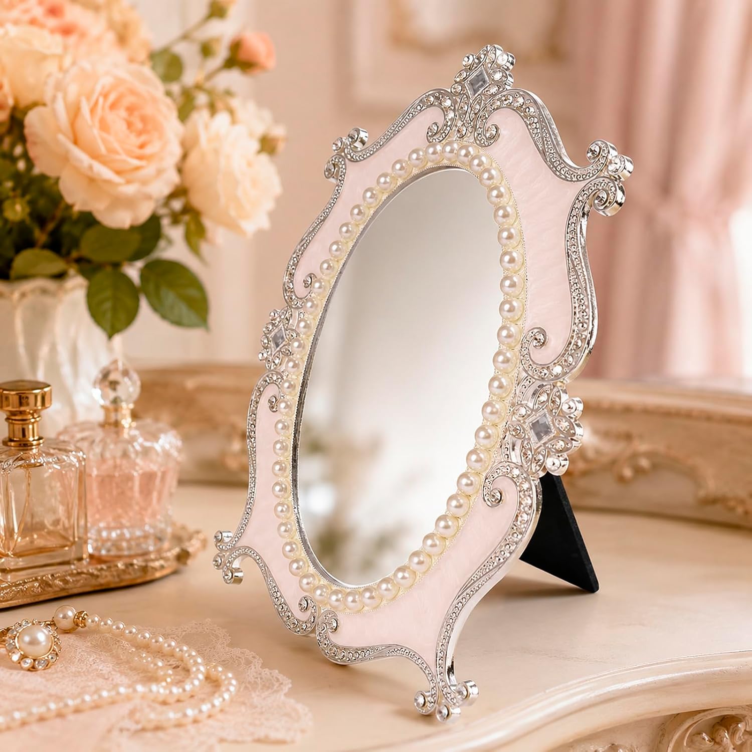 Vintage Desk Mirror Vanity Decor - Antique Small Table Decorative, White M image 5