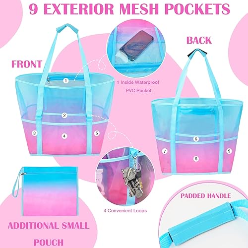 Miniatura 4 de Bolsa de playa de malla, bolsa de playa grande para niñas y mujeres, bolsas de natación para piscina con cremallera, 10 bolsillos, bolsa de playa