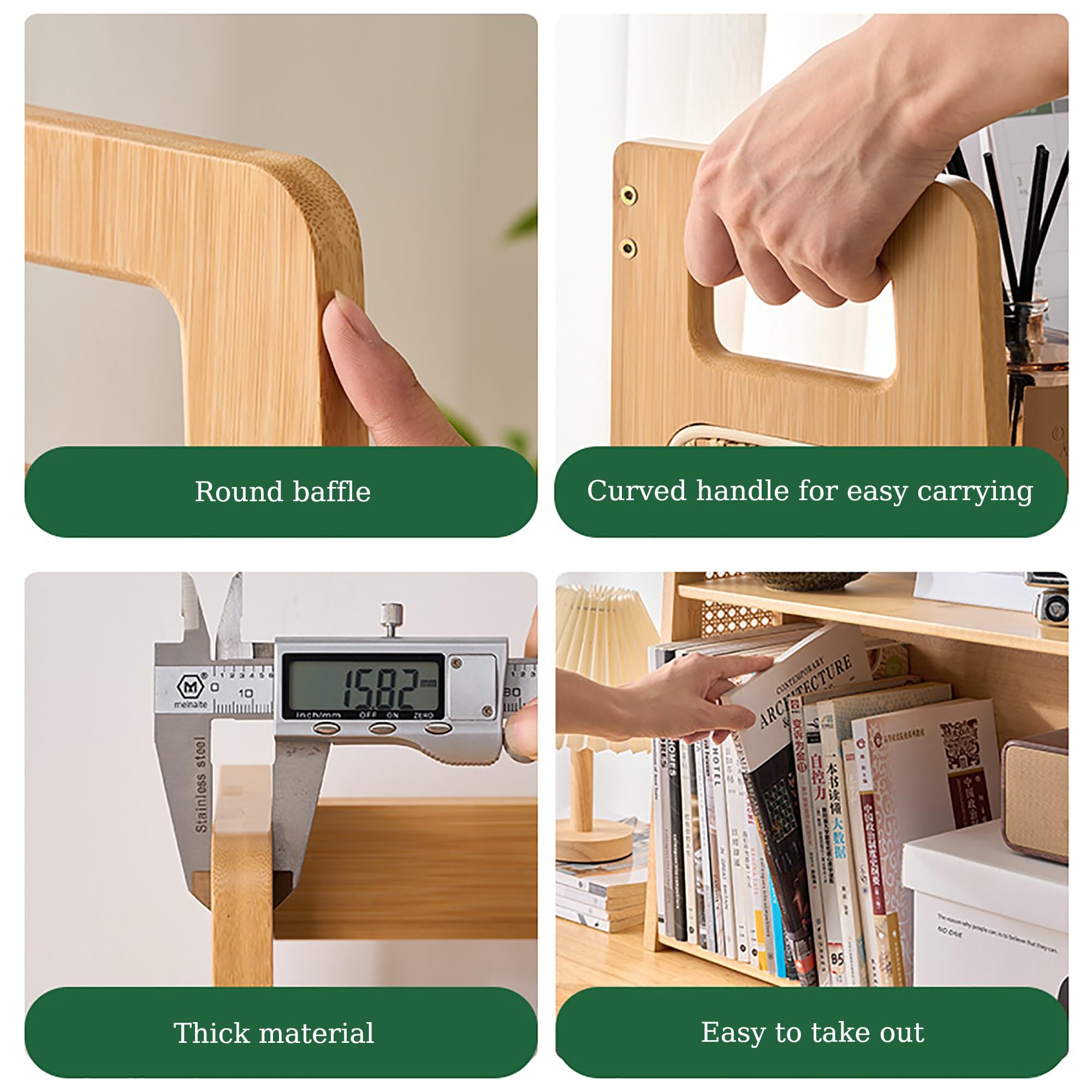 Organizador de escritorio de ratán con estante de almacenamiento de madera, estantería de escritorio para suministros de oficina en casa, estantería sobre estante de computadora, ideal para
