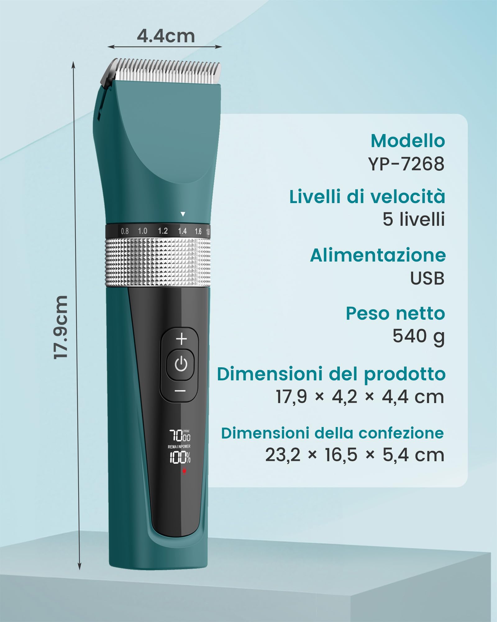 oneisall Tagliagatti silenzioso, tagliacapelli professionale per gatti a pelo lungo, rasoio per gatti a 5 velocità con display LCD, impermeabile IPX6, facile da pulire (verde)