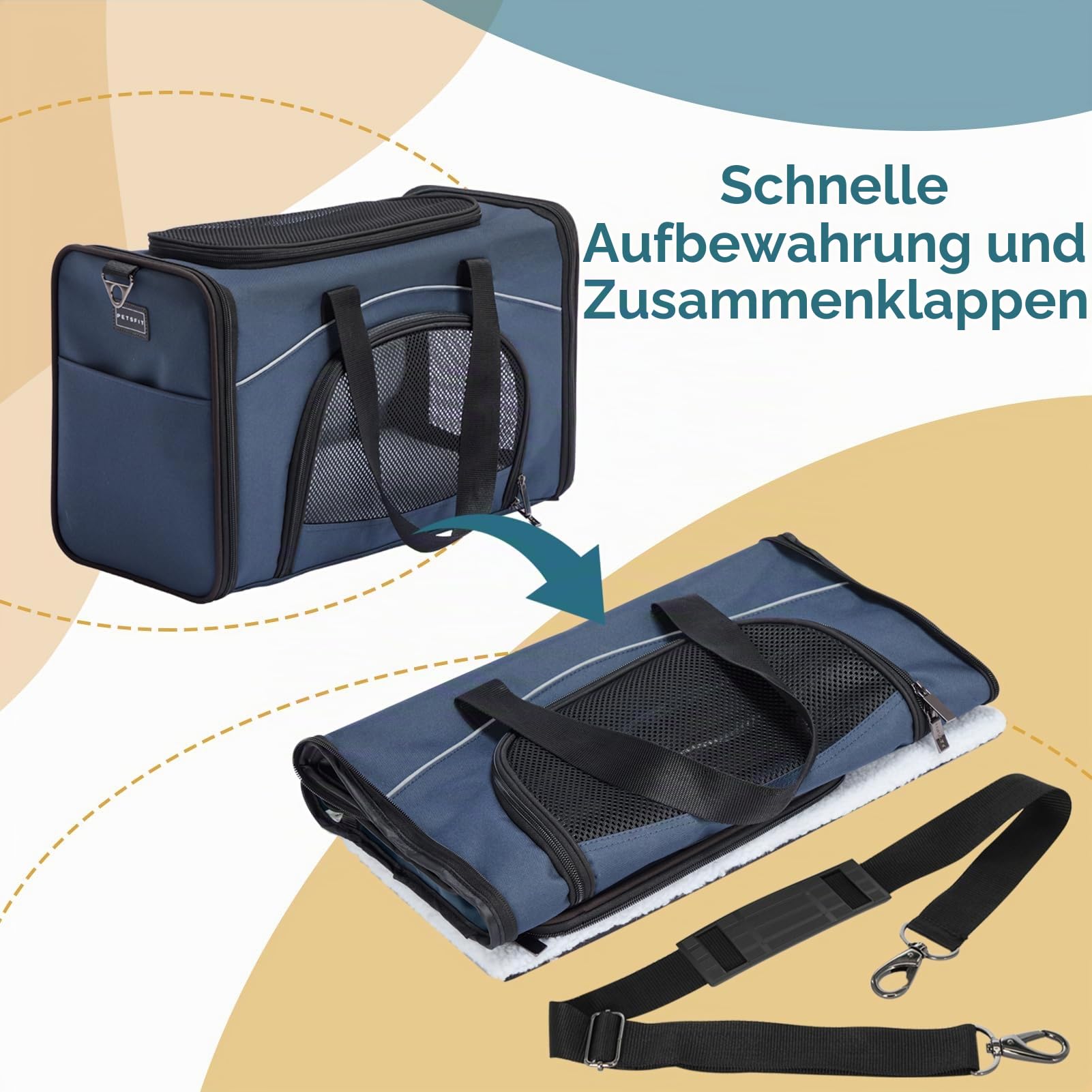 Petsfit Transporttasche Katze & Hundetasche Flugzeug | Flugtasche für Hunde & Transportbox Katze | Flugtaugliche Haustiertasche | Sicherer Transport in Auto, Flugzeug und Bahn, M/Blau
