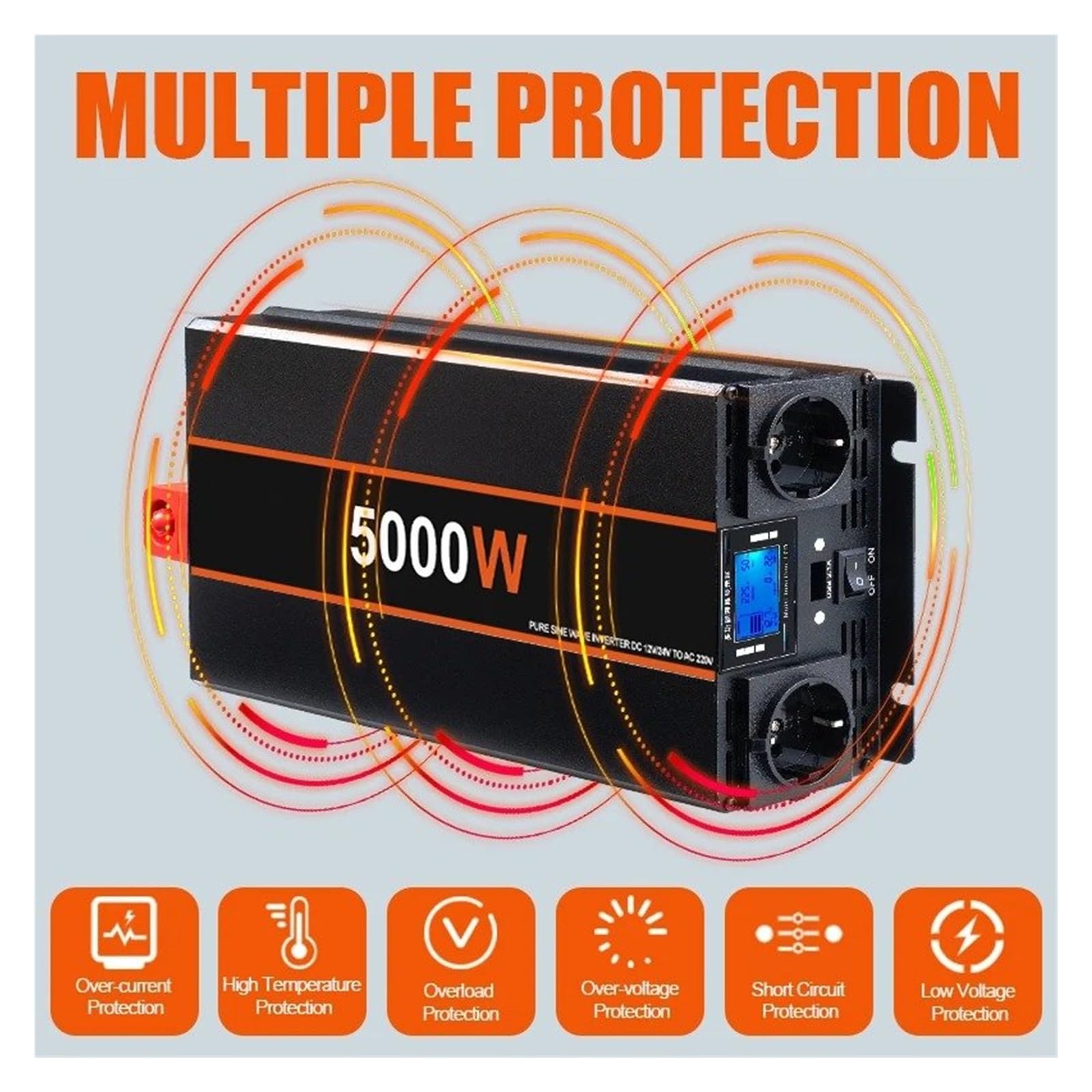 Power Inverter Convertitore Micro Inverter Per Auto, Camper, Casa, 5000 W/4000 W/3000 W, Convertitore Di Tensione A Onda Sinusoidale Pura Da 12/24 V CC A 220 V.(12V,3000W)
