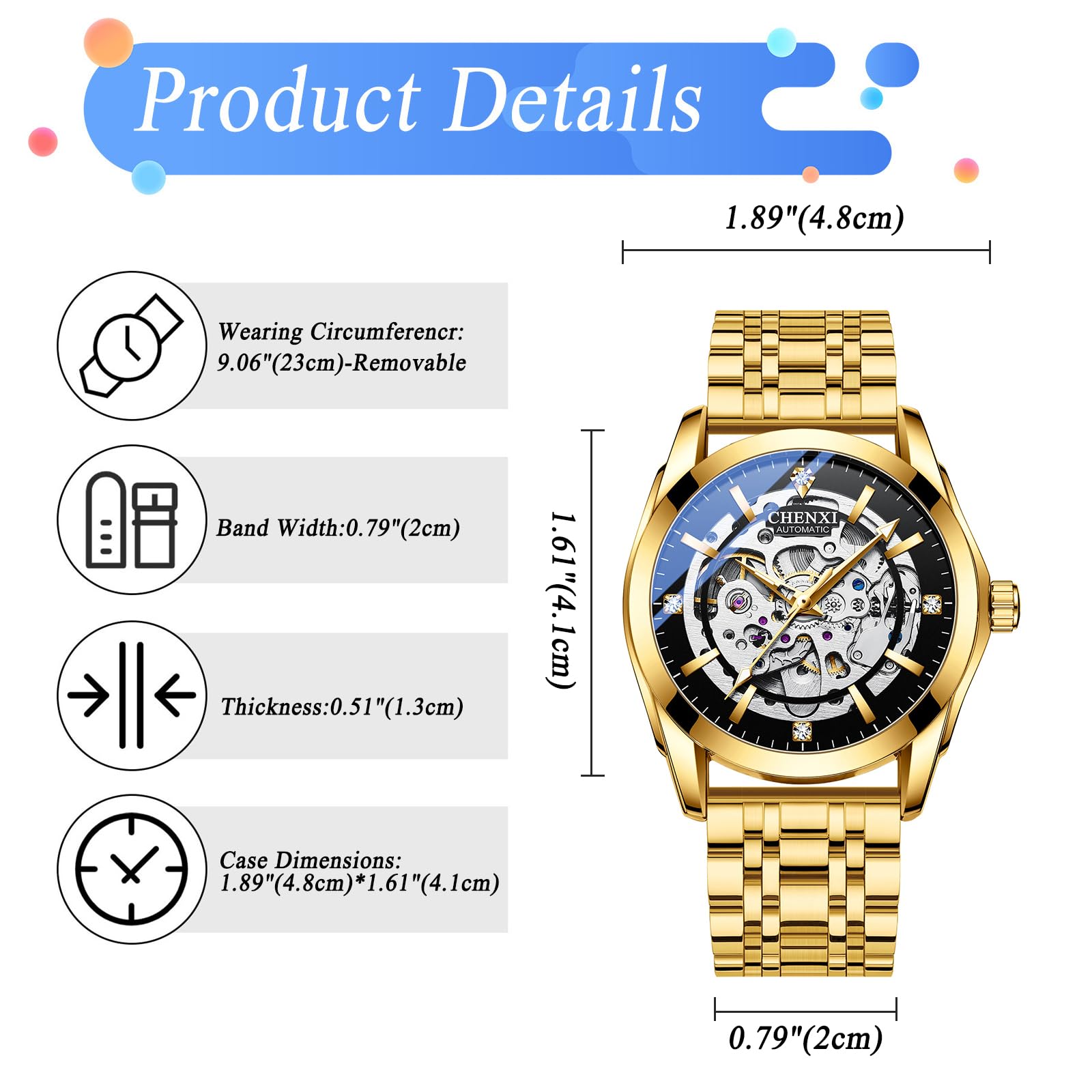 JewelryWe Automatyczne zegarki dla mężczyzn: samonakręcające się mechaniczne markery diamentowe 36-godzinna rezerwa mocy świecące wskazówki 3 ATM wodoodporny odpinany zegarek na rękę ze stali