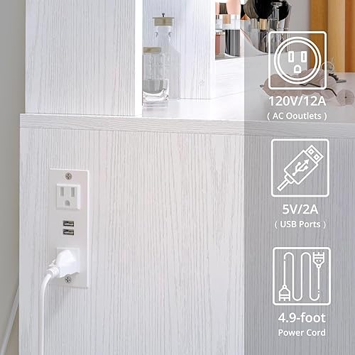 Miniatura 5 de IRONCK Escritorio de tocador con espejo iluminado LED y toma de corriente, mesa de maquillaje con cajones y gabinete, taburete de almacenamiento,