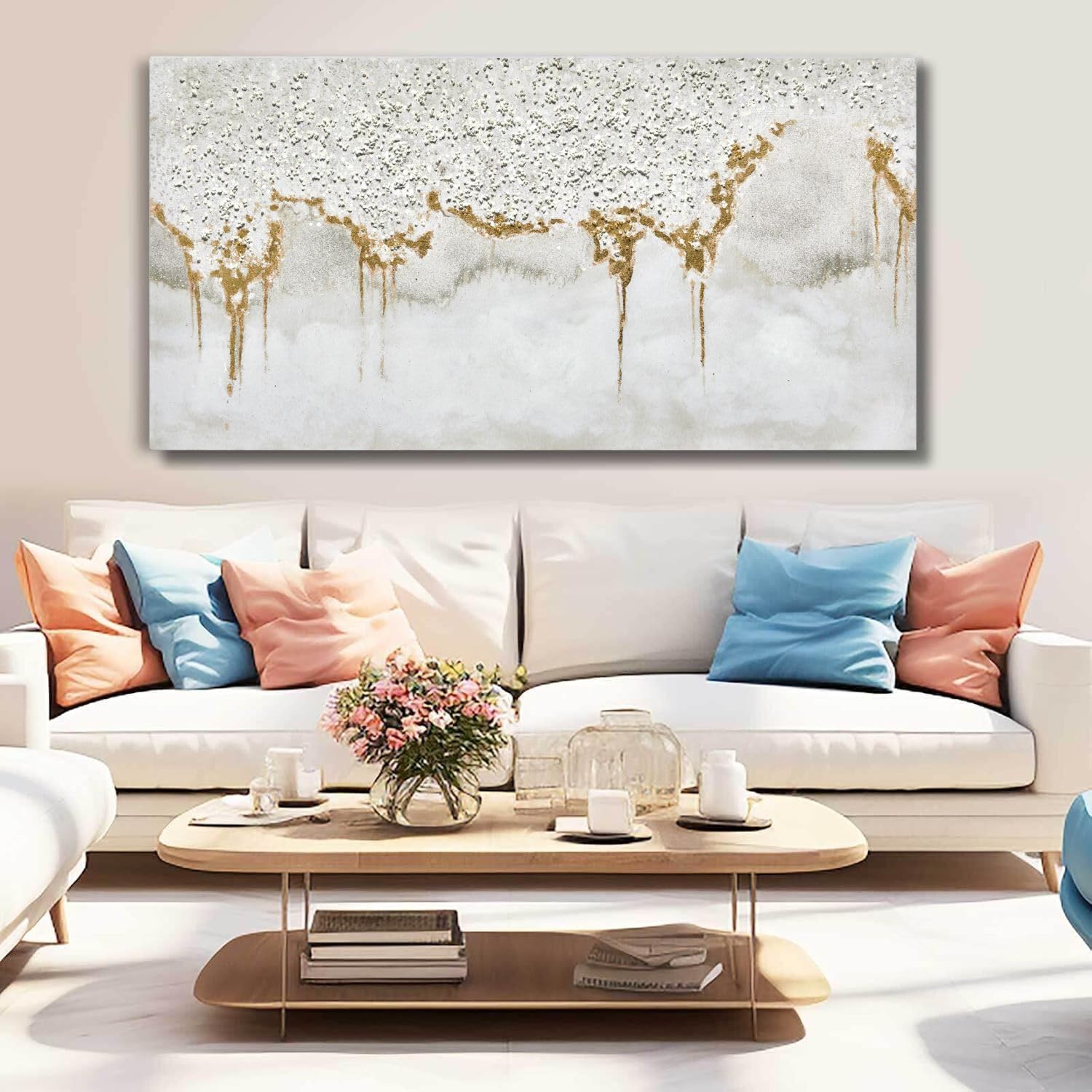TRAIN2 ART Textured Abstract Glitter Artwork Canvas Wall Art, White Acrylic Painting and Gold Foil Oil Painting Wall Art on Canvas, for Living Room Decor Gold and Gray (gold, 24X48inch)