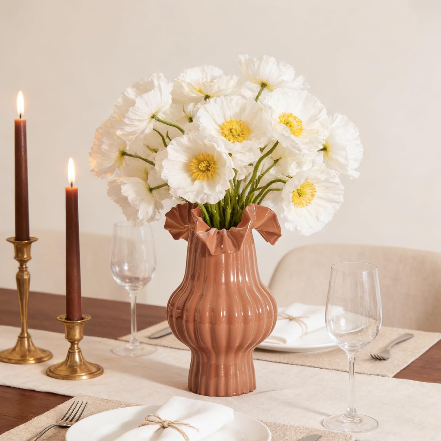 WDS WONDROUS Art Flower Vase for Kitchen Home Decor, Caramel Ruffled Glass Vase with Vertical Lines for Bouquet, Tall Vases for Flowers Table Centerpiece Dining Room, Housewarming Gift