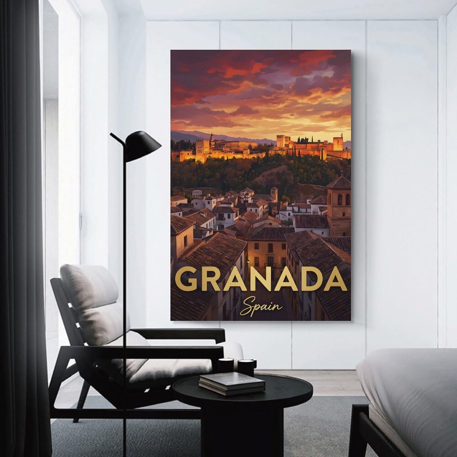 Junmoney Granada Spain Cityscape at Sunset Wall Picture Print, 20x30inch(50x75cm), for Feature Walls in Flats Or Modern Rooms, Decorative Artwork with Flexible Styling