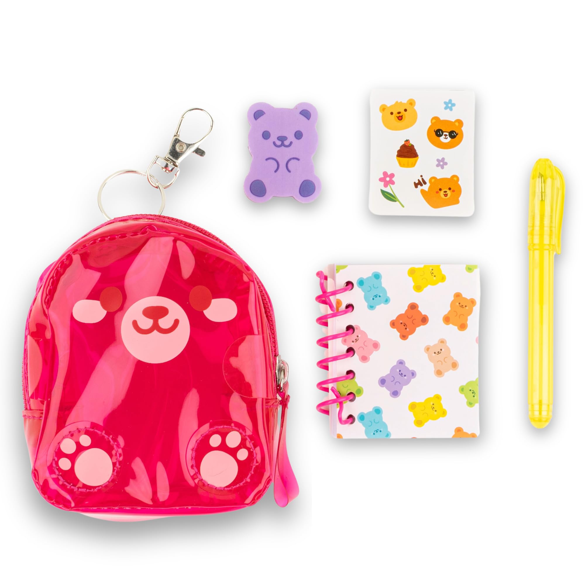 VOTUM Gummy Bear Mini Backpack with Stationery Set - Includes Mini Notebook, Gel Pen, Eraser, Stickers - Gift for Tweens Ages 8+ - Portable, Cute, and Fun Party Favor