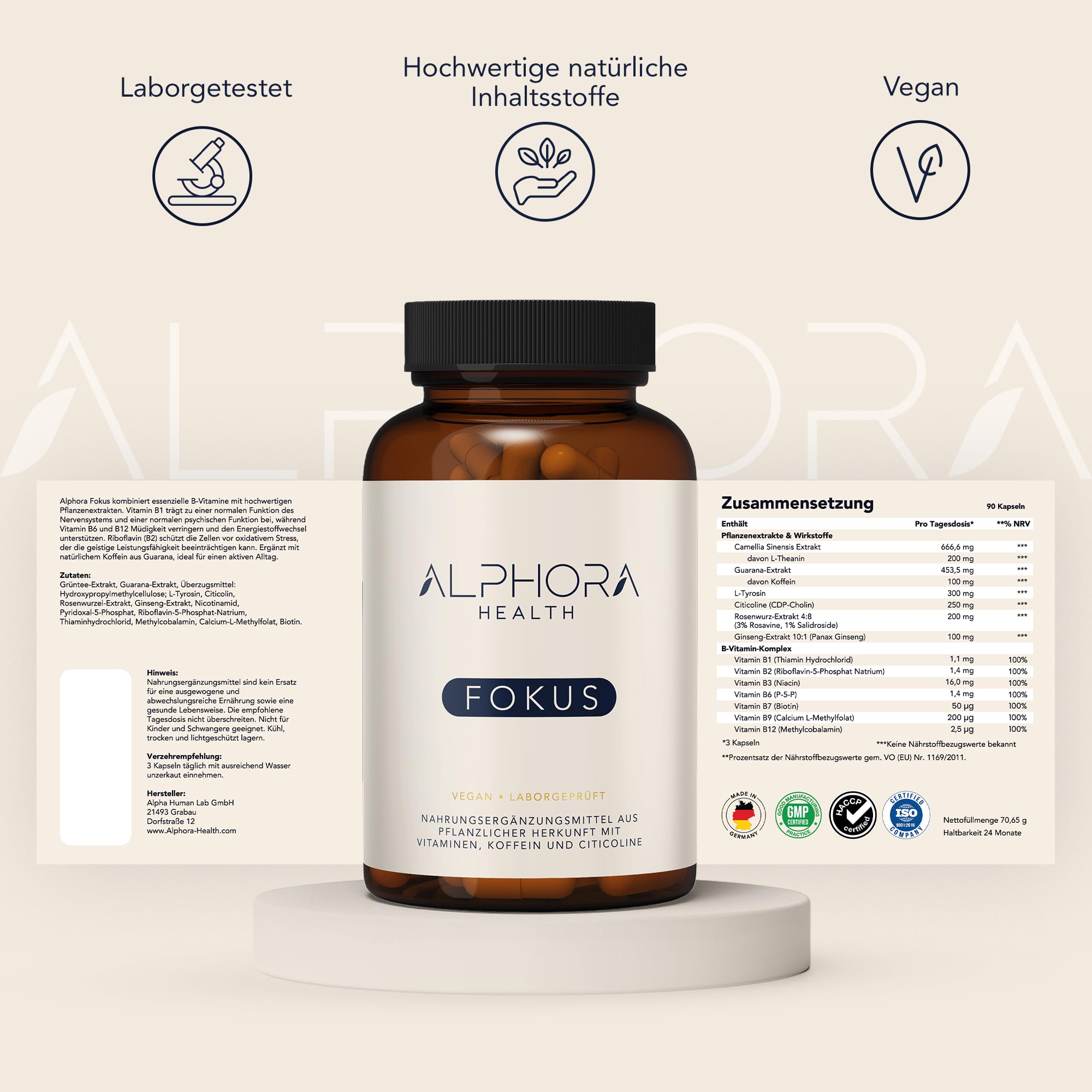 Fokus-Booster 90 Kapseln – L-Theanin, L-Tyrosin, Ginseng, Guarana & B-Vitamine – Konzentration, Energie & Fokus - 100% pflanzlich - hochdosiert - made in Germany
