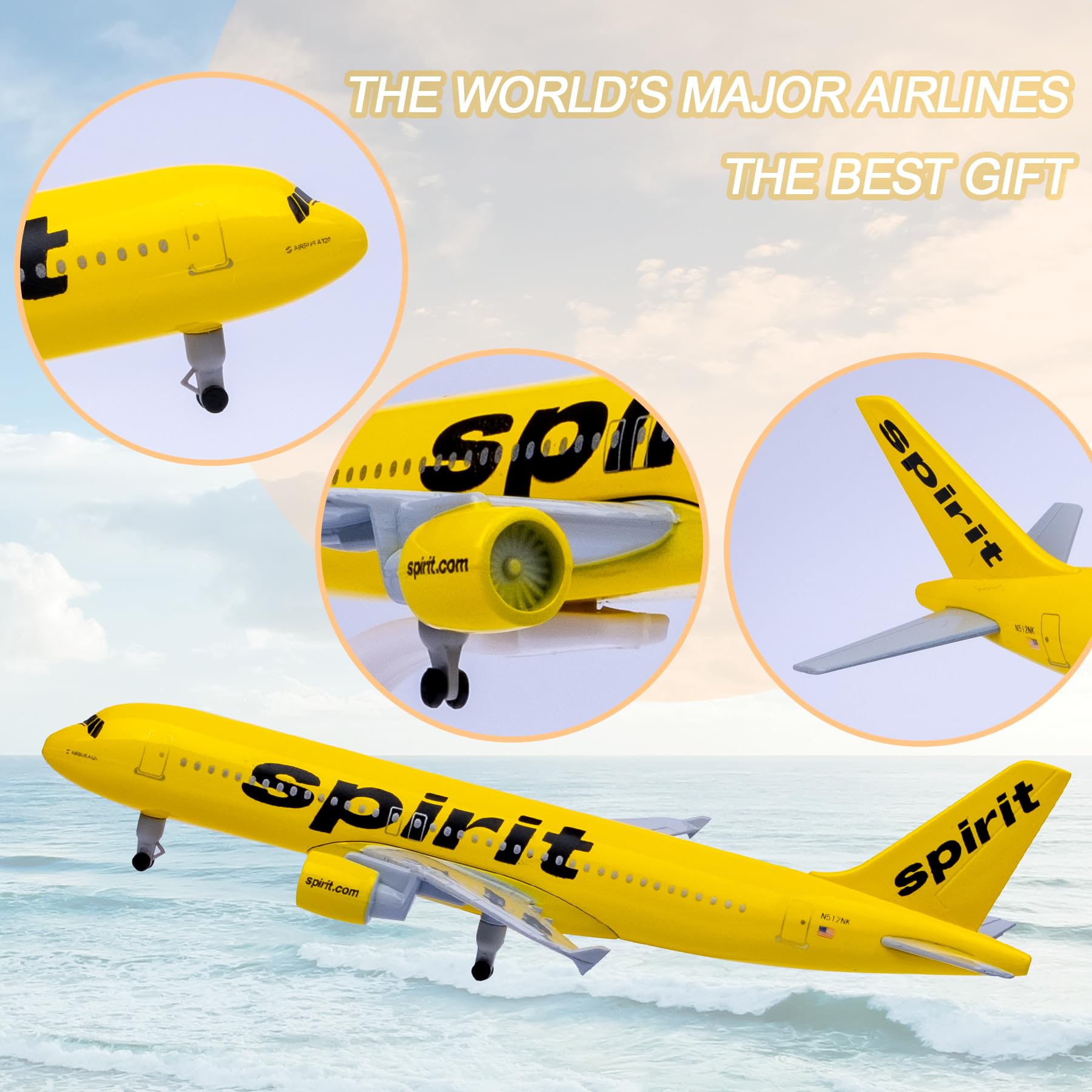 Bswath A320 Airplane 1:300 Scale Model - American Plane, Metal Alloy, Gift & Decoration (Spirit 320)