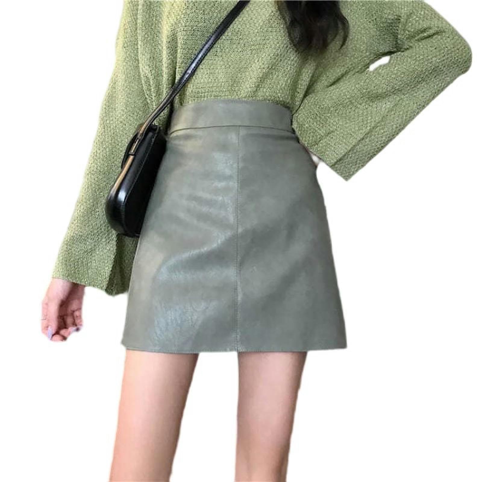 Gonna Corta In Pelle Verde A Vita Alta - Stile Trapezio Elegante - Foto 5