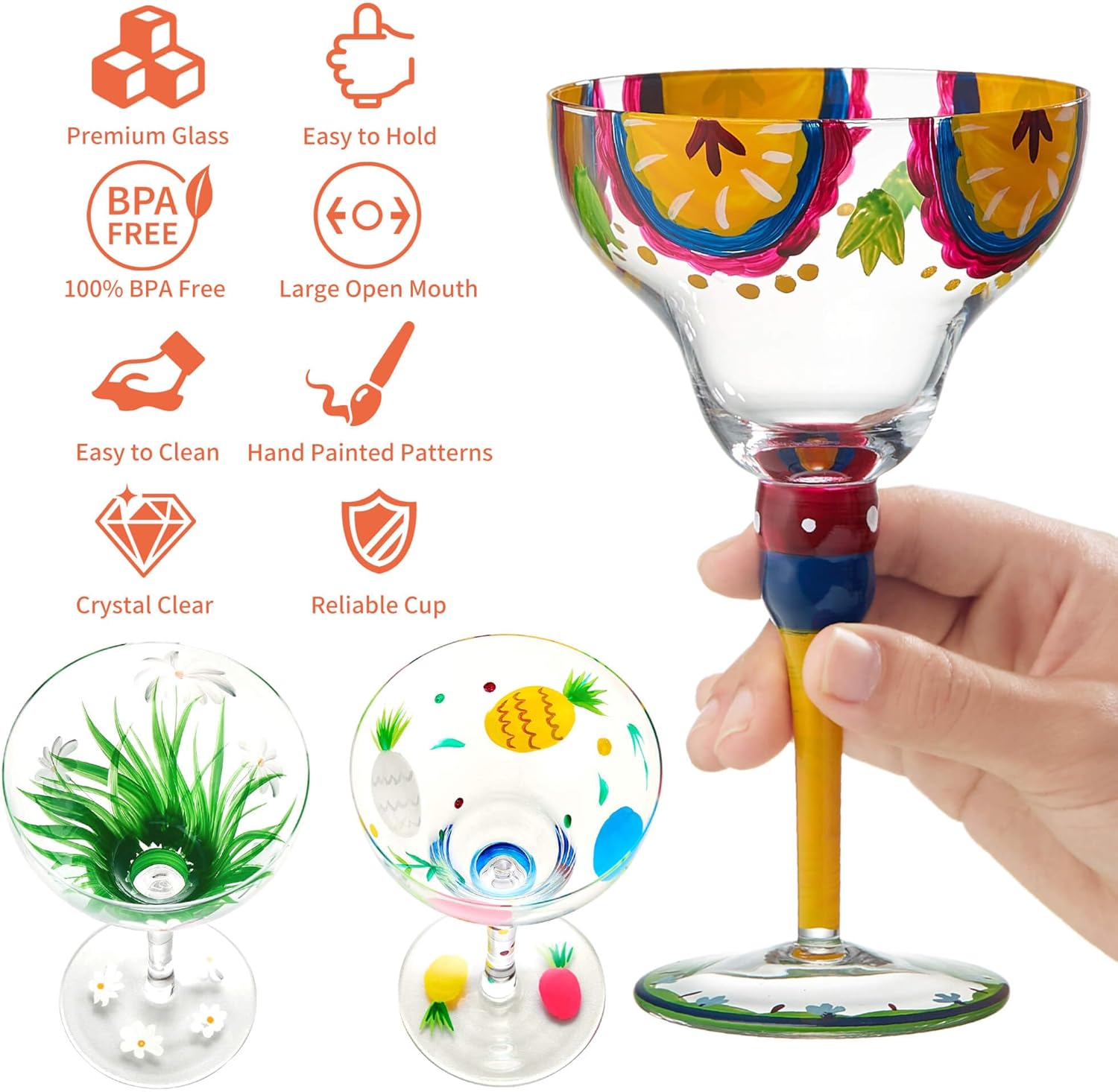 Unbreakable - Margarita Glasses Set of 3-12 oz Hand Painted Colorful Glass Cups – Hand Blown Cocktail Drinkware for Home and Restaurant – Artistic Margarita Glass Set for Frozen Drinks