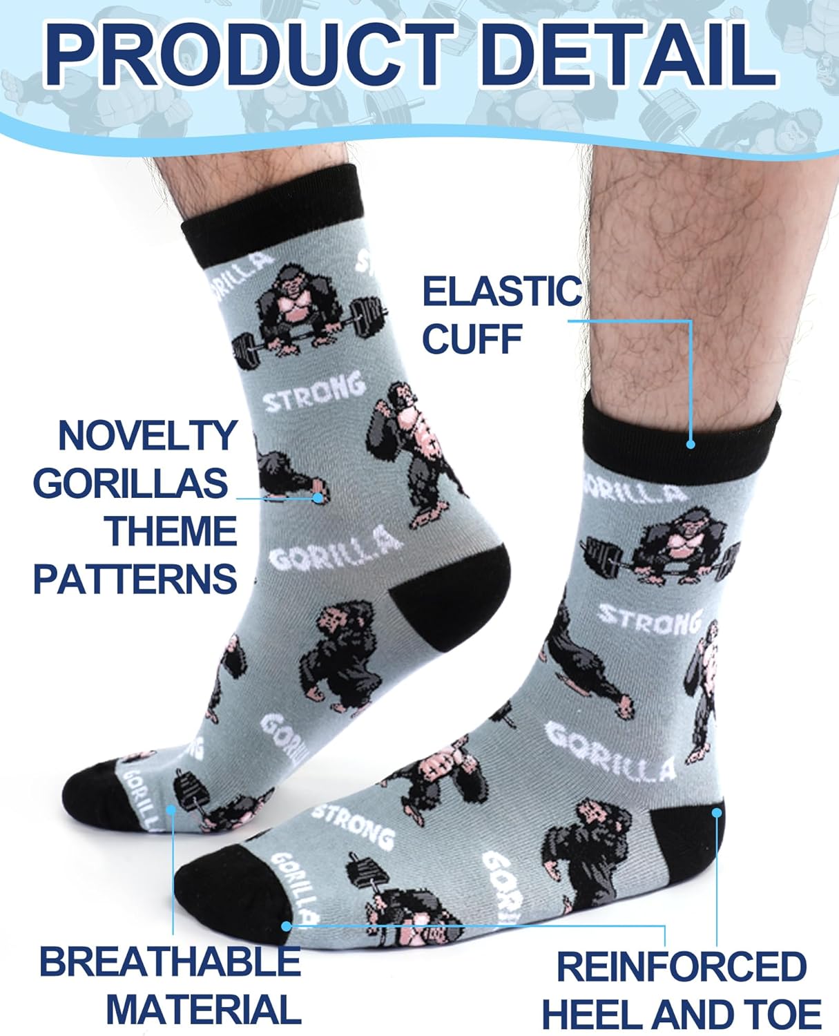 6 Pairs Gorilla Socks for Men Funny Cool Crew Socks Gorilla Lover Gifts Birthday Father's Day for Male Men Shoe Size 7-12 - Image 3