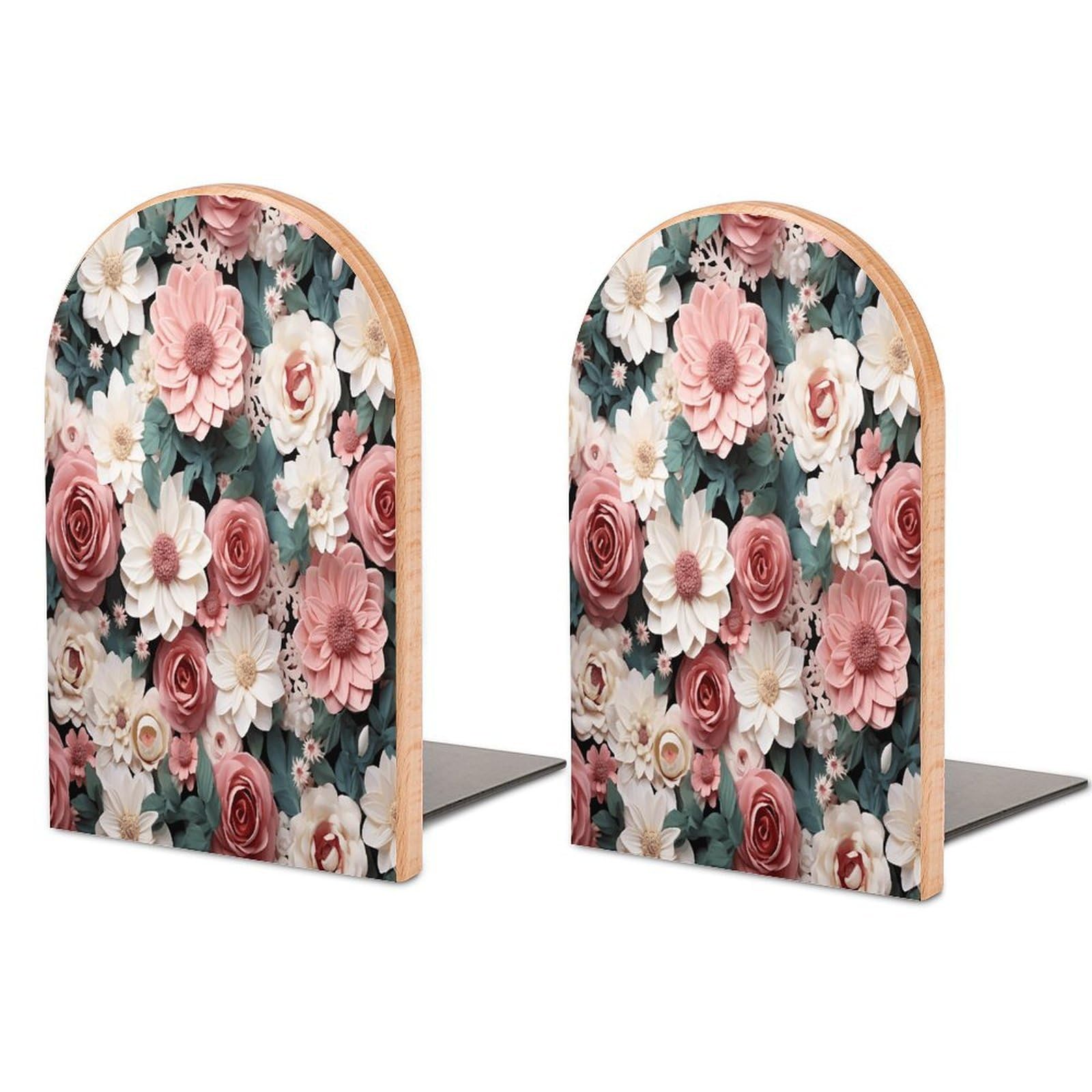 Sujetalibros de madera con flores rosas para estanterías modernas