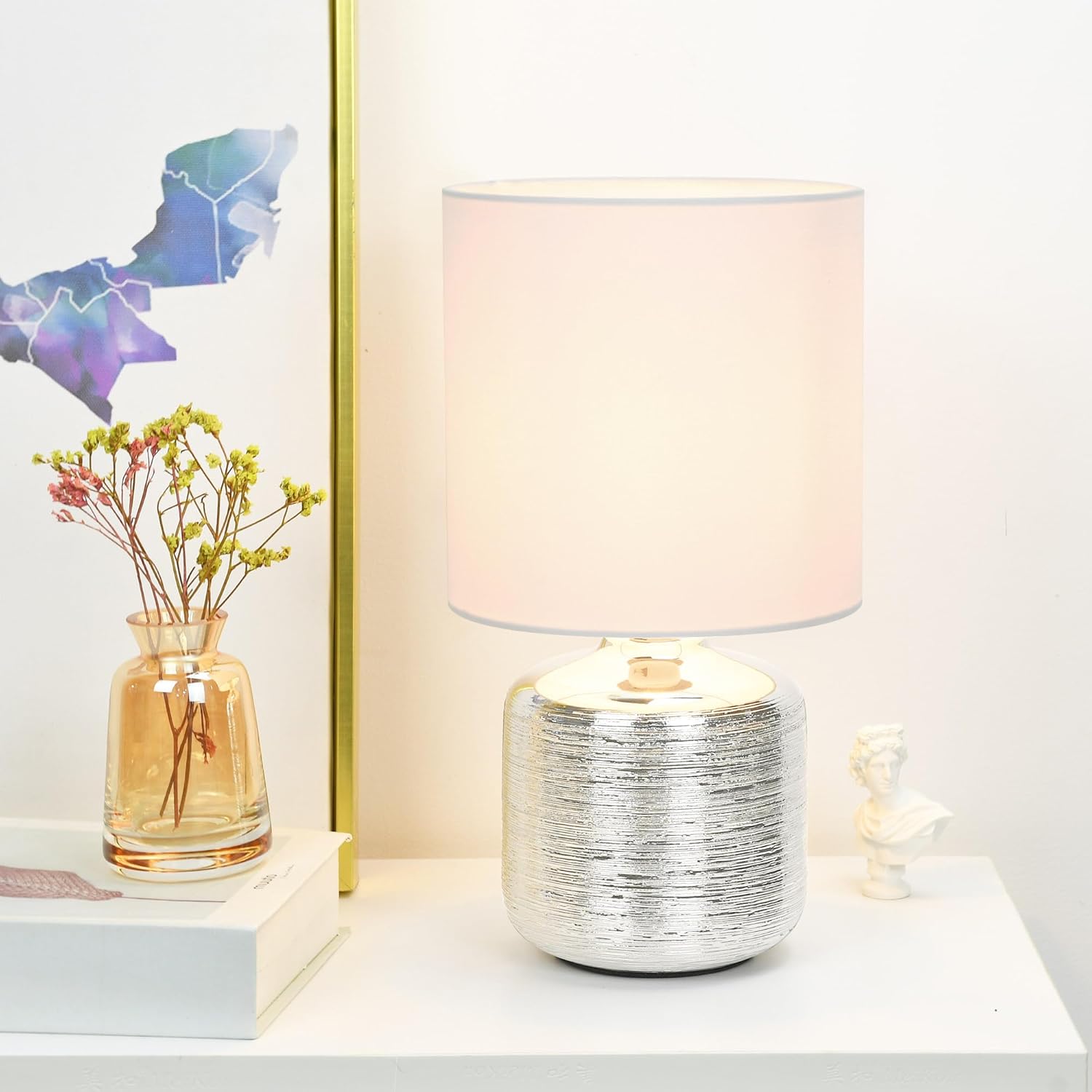 Lampwell Beno Small Table Lamp, Modern Ceramic Base, Off White Fabric Shade, Bedside Lamp for Bedroom, Living Room, Kids Room, 11.81 Inch Height, Bulb Excluded